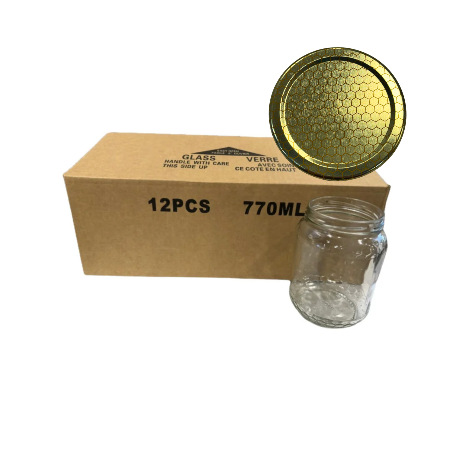 A 12-pack of 770ml clear glass jars with gold metal lids, shown with a brown cardboard box and one loose jar and lid on a white background.