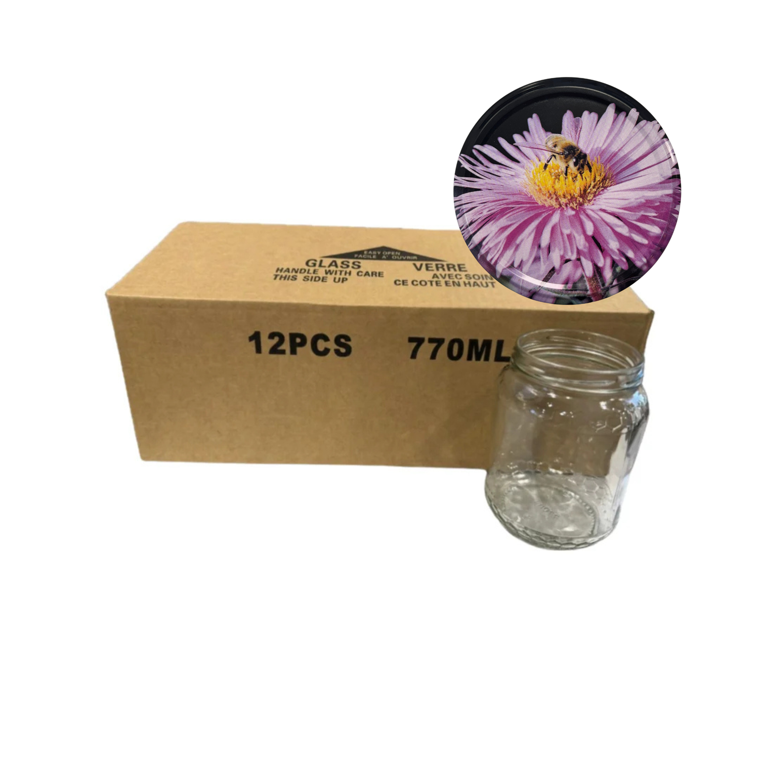 A clear glass jar shown in front of its brown cardboard packaging box, with a circular inset image of a purple flower and a bee on the lid.