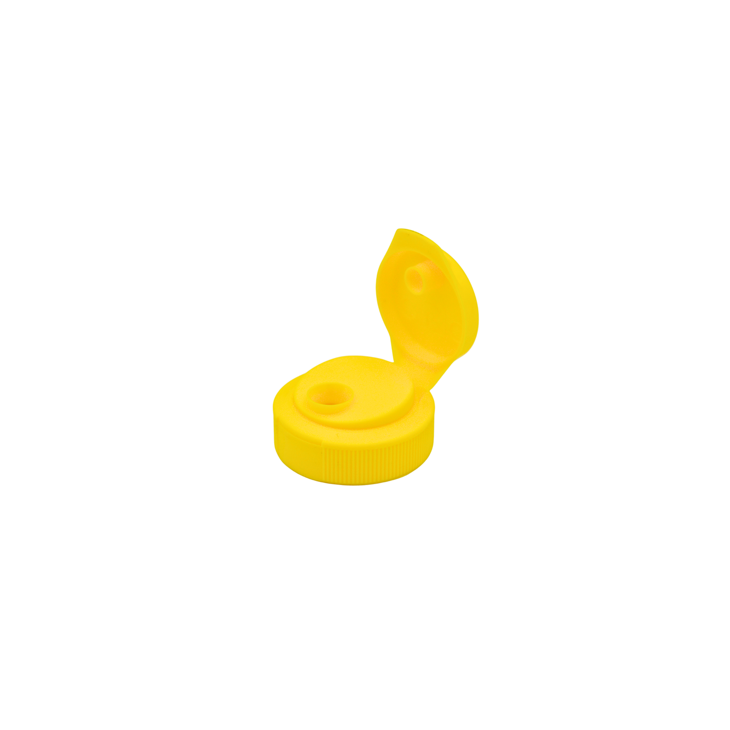 A small bright yellow plastic squeeze bottle cap with the flip-top lid open, shown on a plain white background.