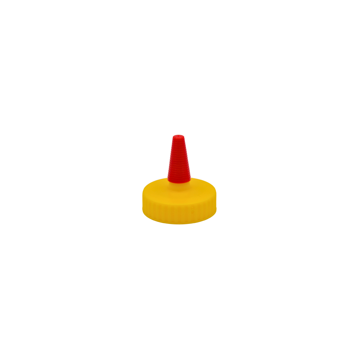 A 38mm yellow cap with a red tip lid for plastic squeeze bottles on a white background