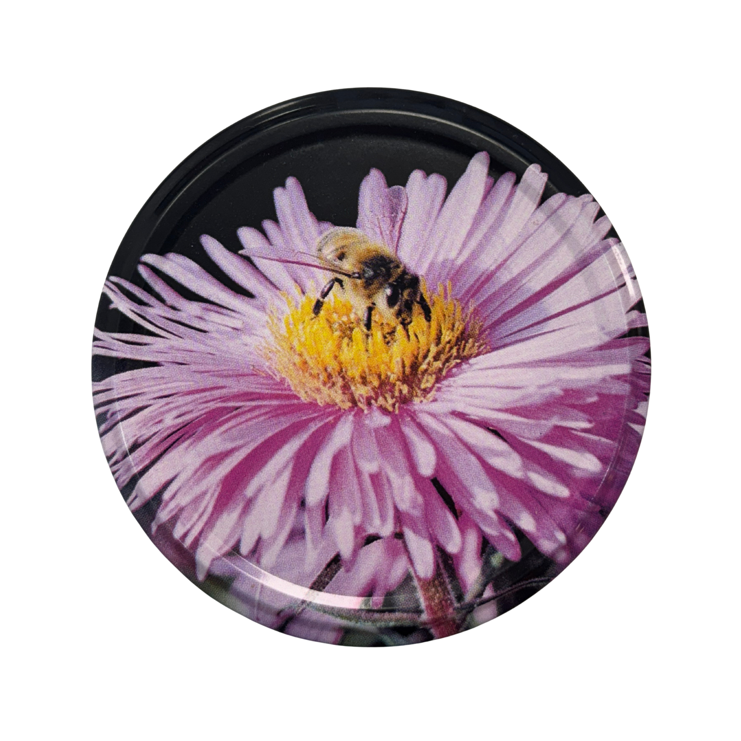 A black round lid with a honeybee on a pink flower on a white background