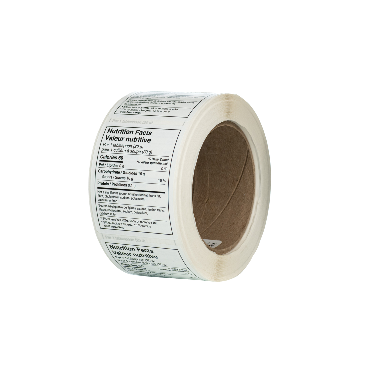 A roll of labels displaying nutritional information for honey jars.