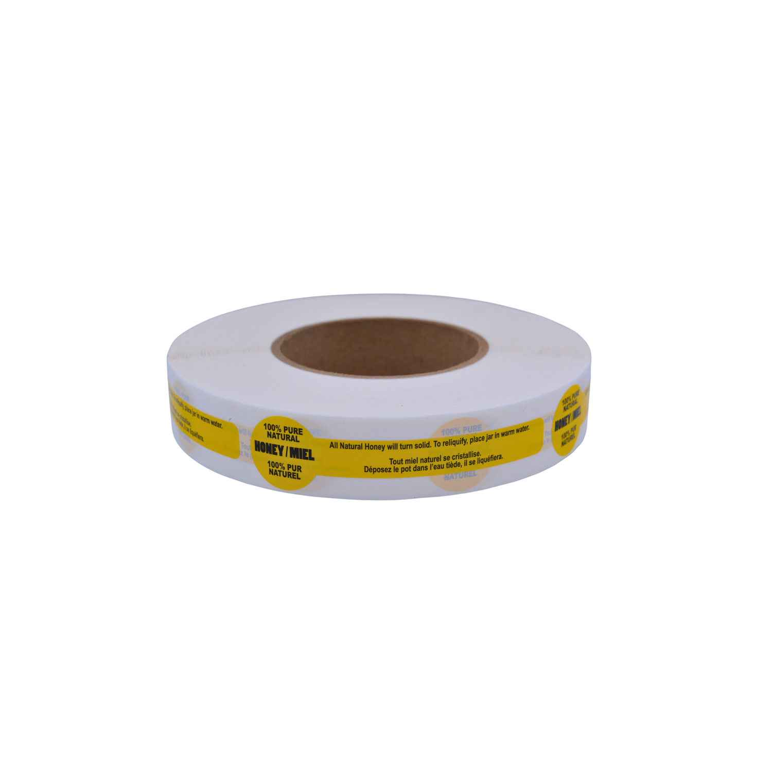 A roll of bright yellow labels featuring black text, shown on a plain white background.