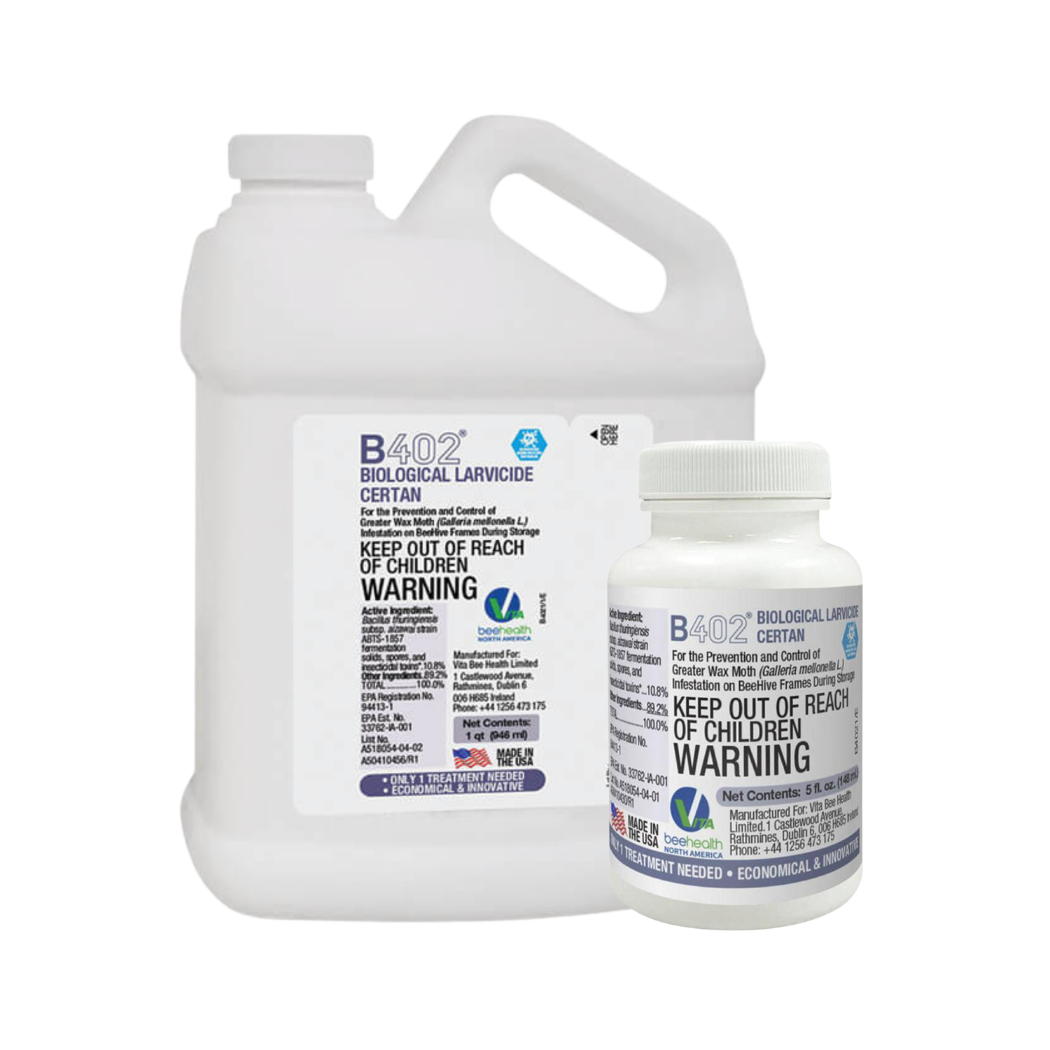 Two bottles of B402 Biological Larvicide on a white background