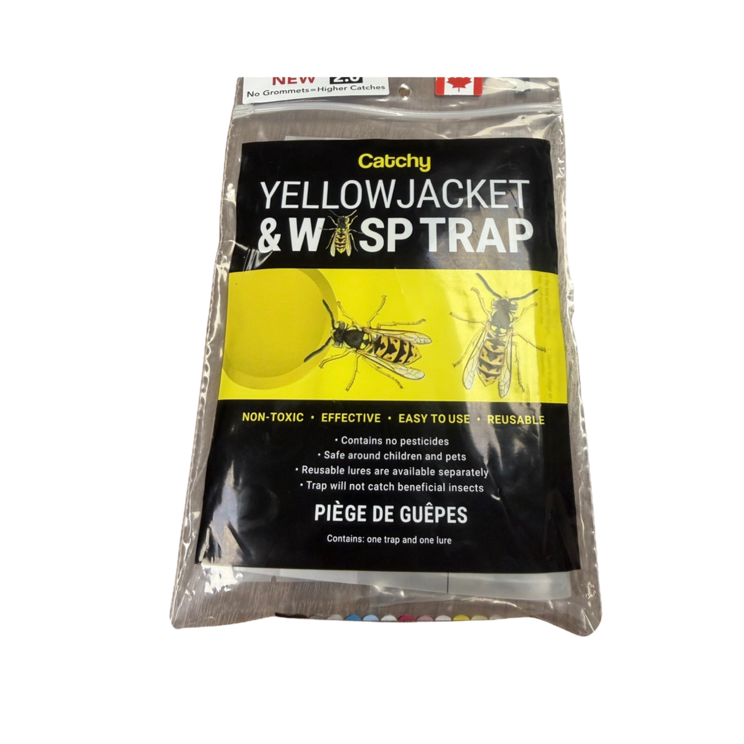 Yellowjacket and wasp trap packaging with black and yellow design.