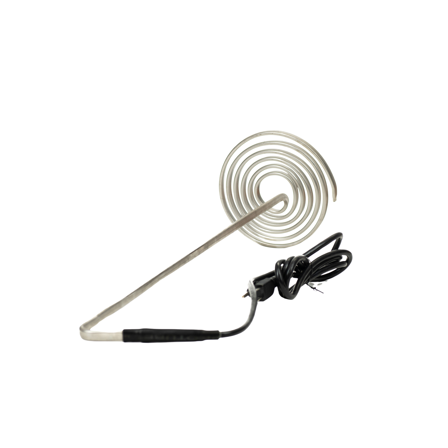 A silver-colored pail melter with a coiled heating element and a black handle with a switch, connected to a black electrical cord.