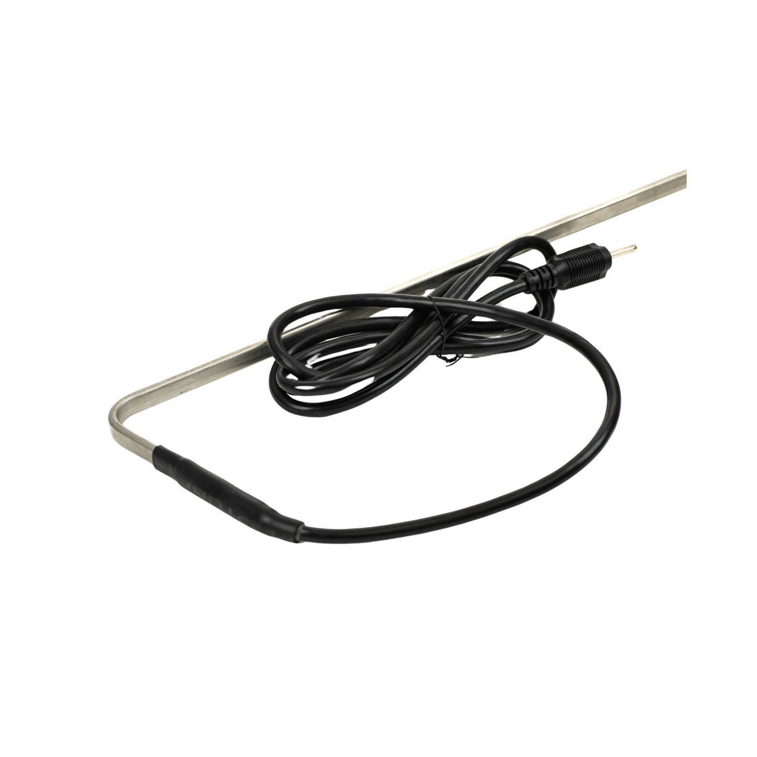 A close up of the black electrical cord of a silver-colored pail melter