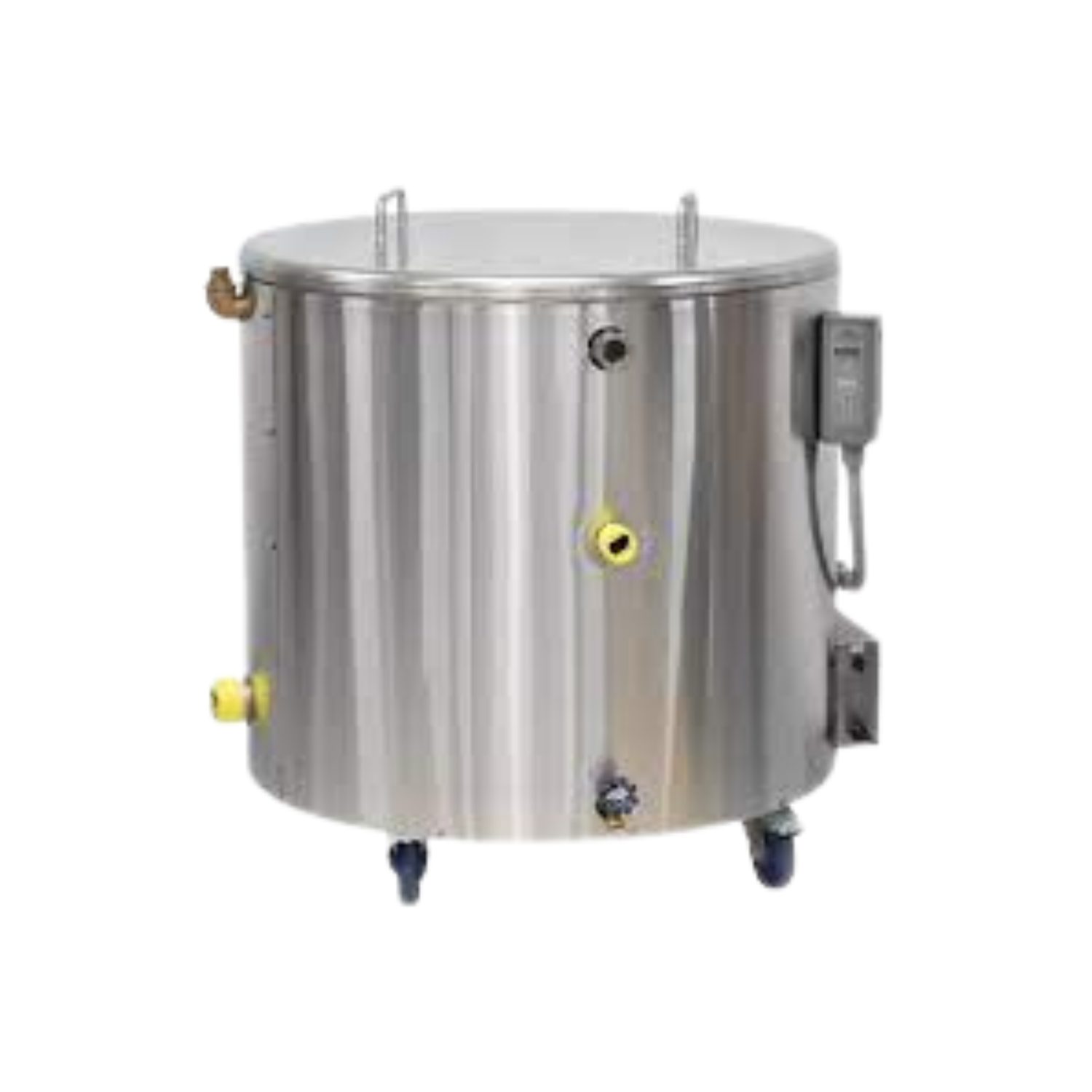 Stainless steel wax melting tank with control panel on a white background