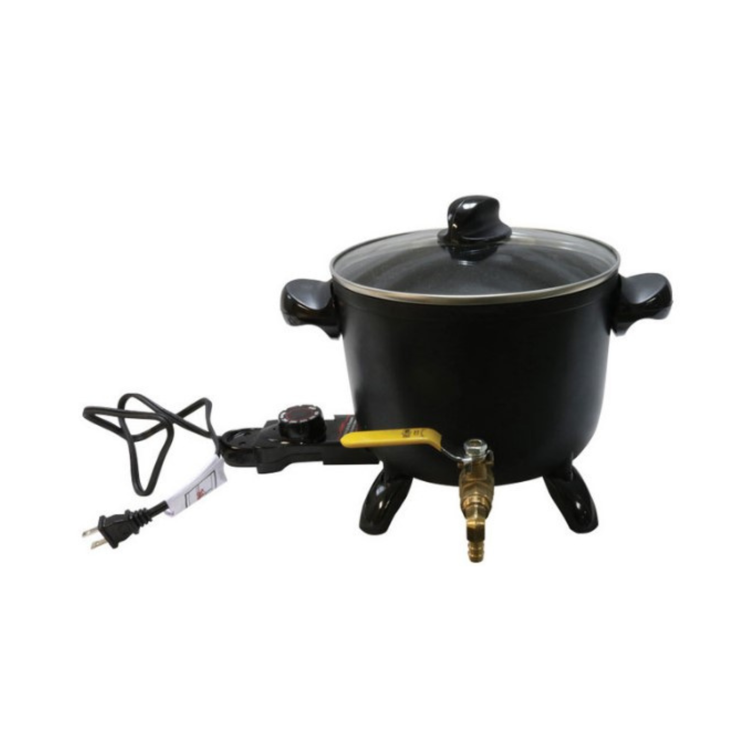 Black electric wax melter with a clear glass lid on a white background