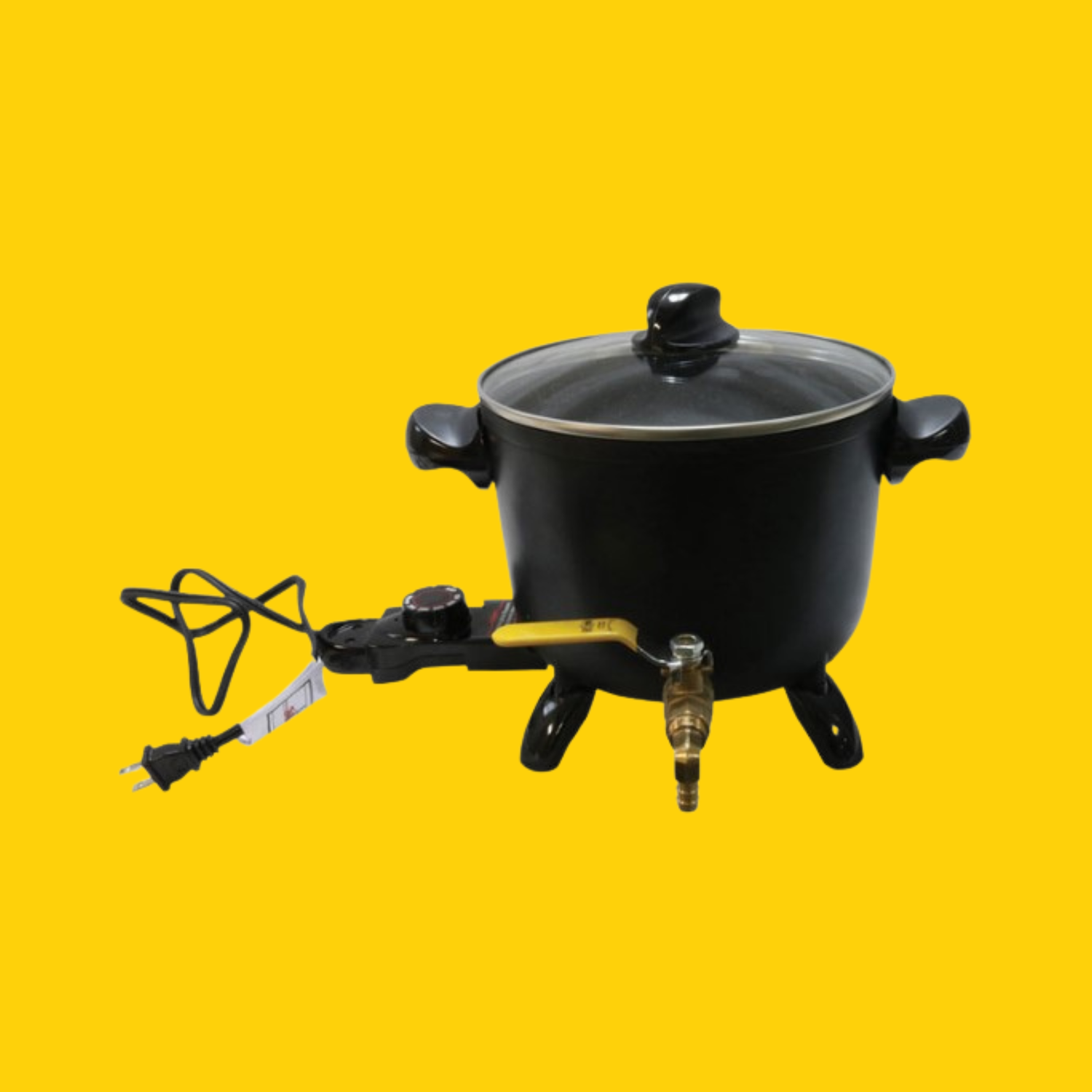 Black electric wax melter with a clear glass lid on a yellow background