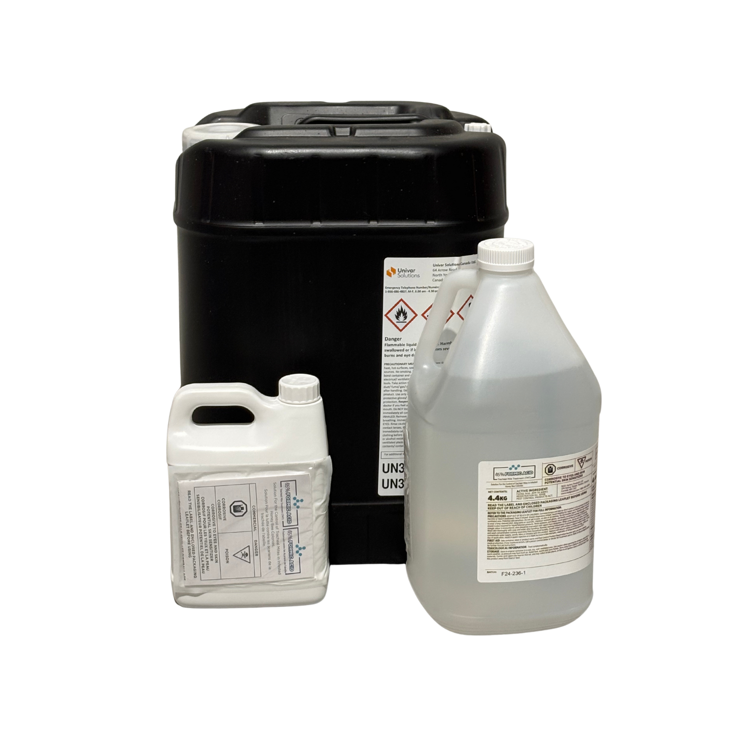 Collection of various containers of formic acid with labels on a white background