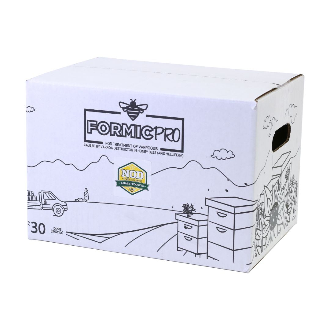 A box of 30 doses of Formic Pro bee mite control strips with illustrations of bees and hives on the packaging.