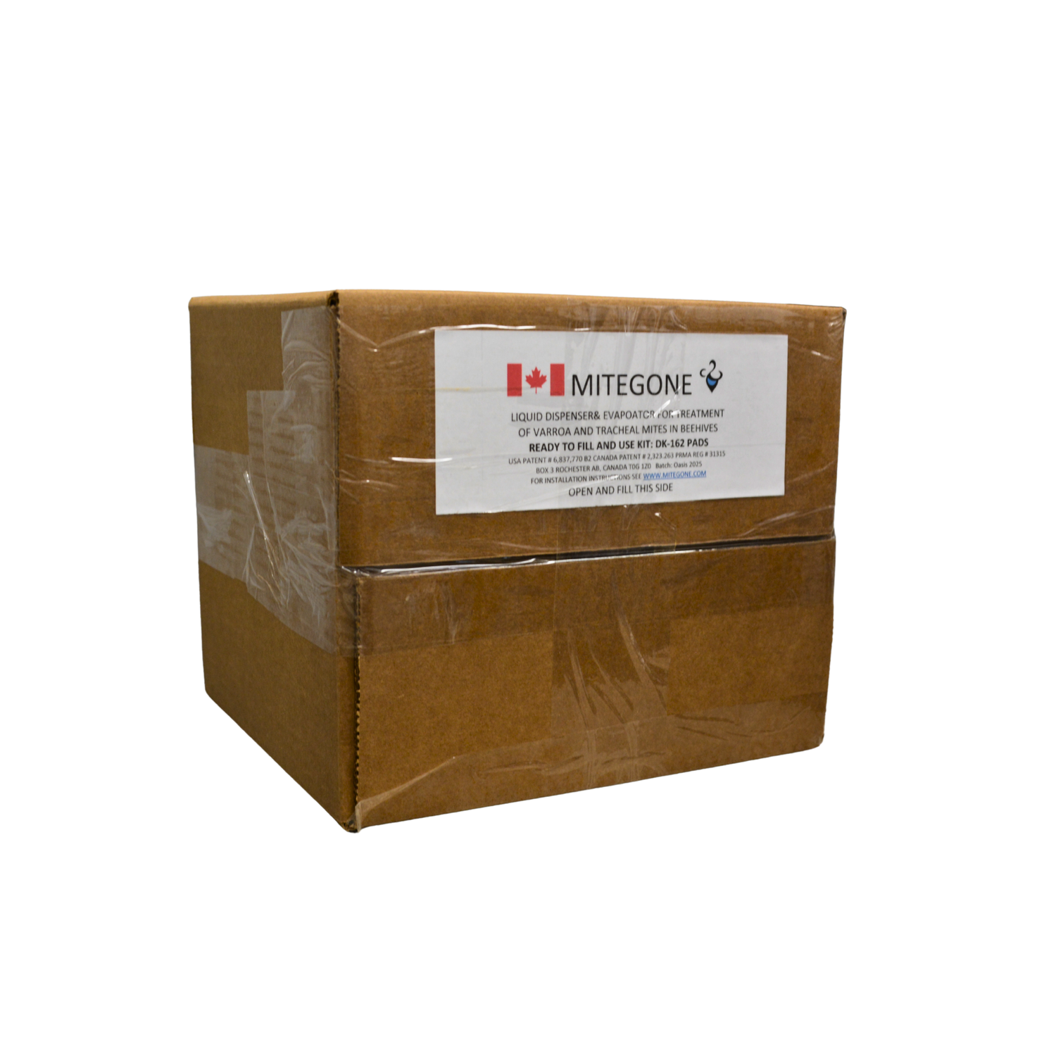 A box of MiteGone pads, used to control Varroa and Tracheal mite in honeybee colonies.