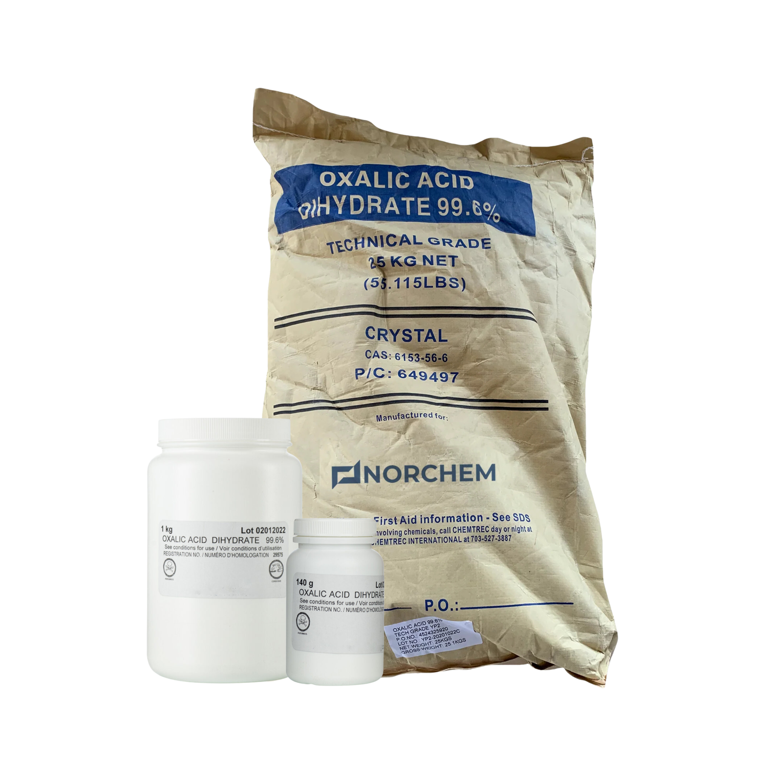 Collage of oxalic acid dihydrate product in various containers on a white background