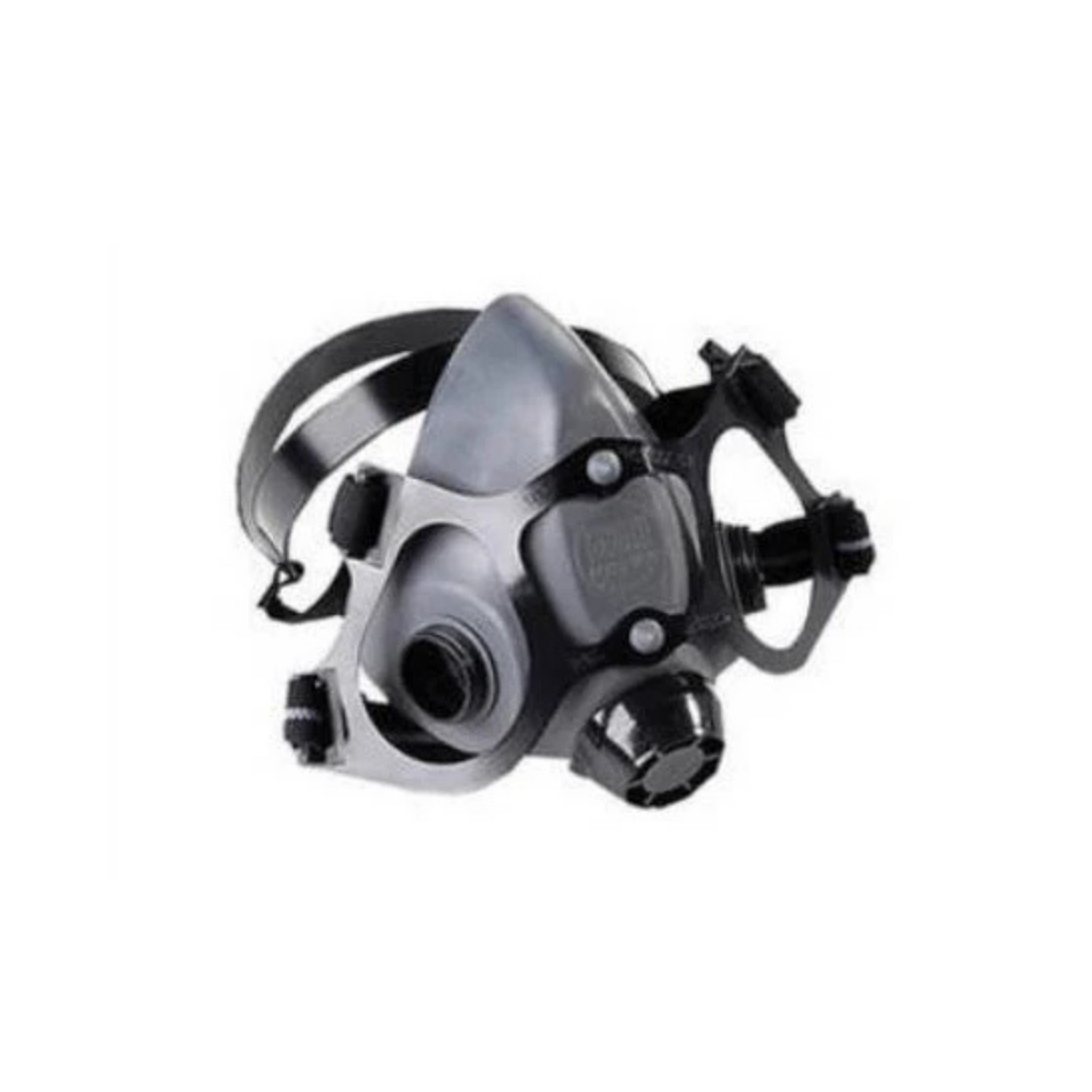 Gray and black half-mask respirator on a white background