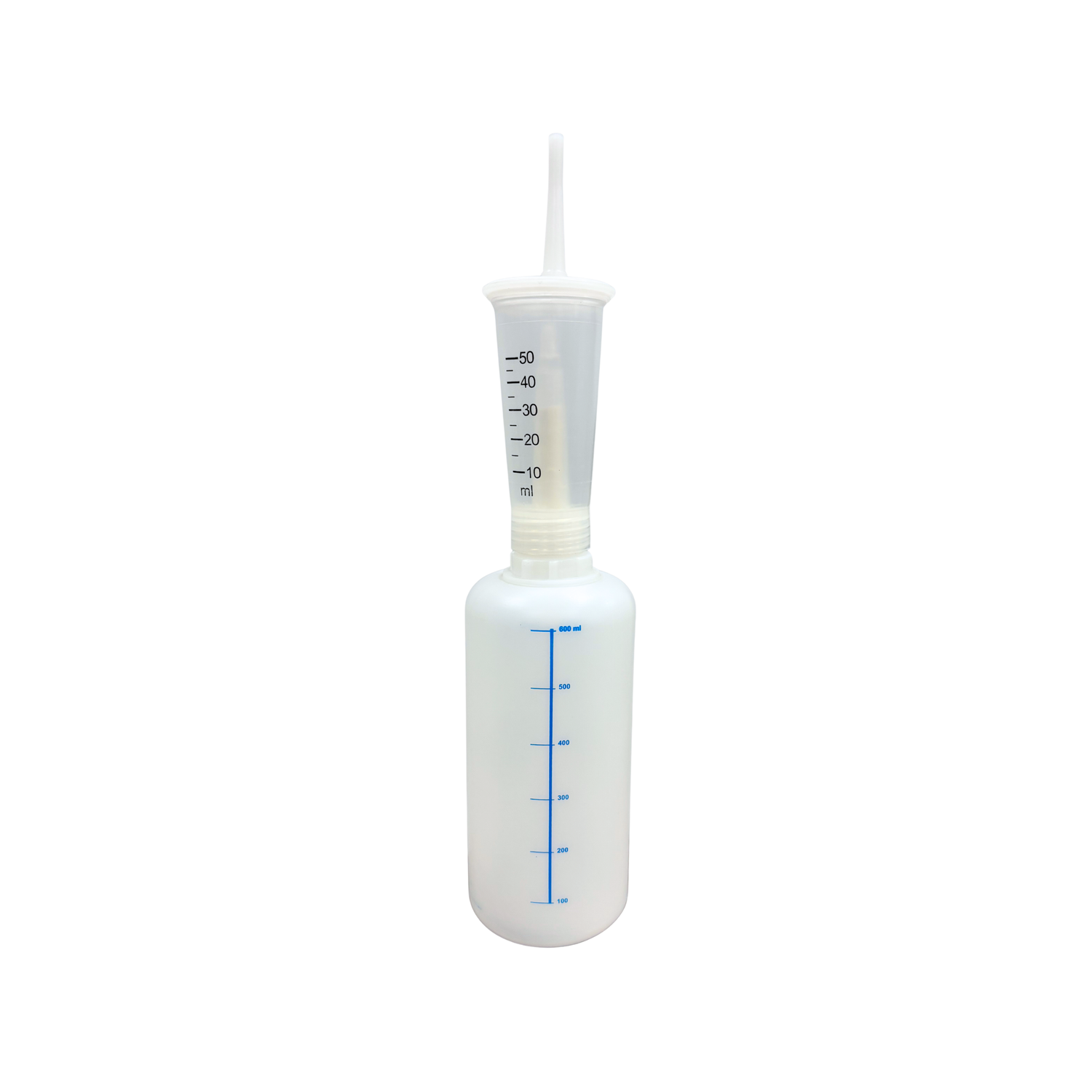 Opaque plastic bottle with a tip and ML measurement markings on a white background