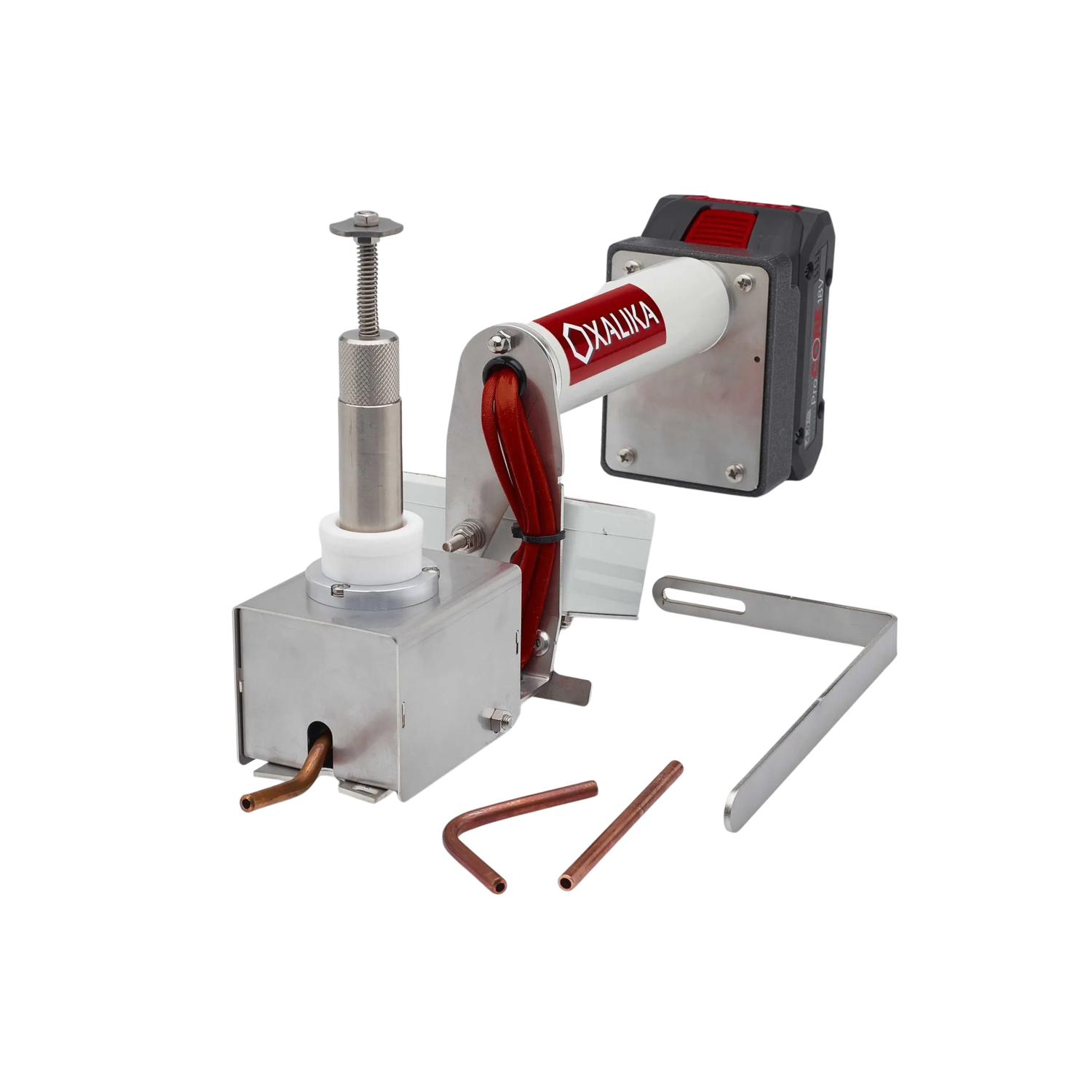 An OXALIKA cordless vaporizer with metal components and parts on a white background