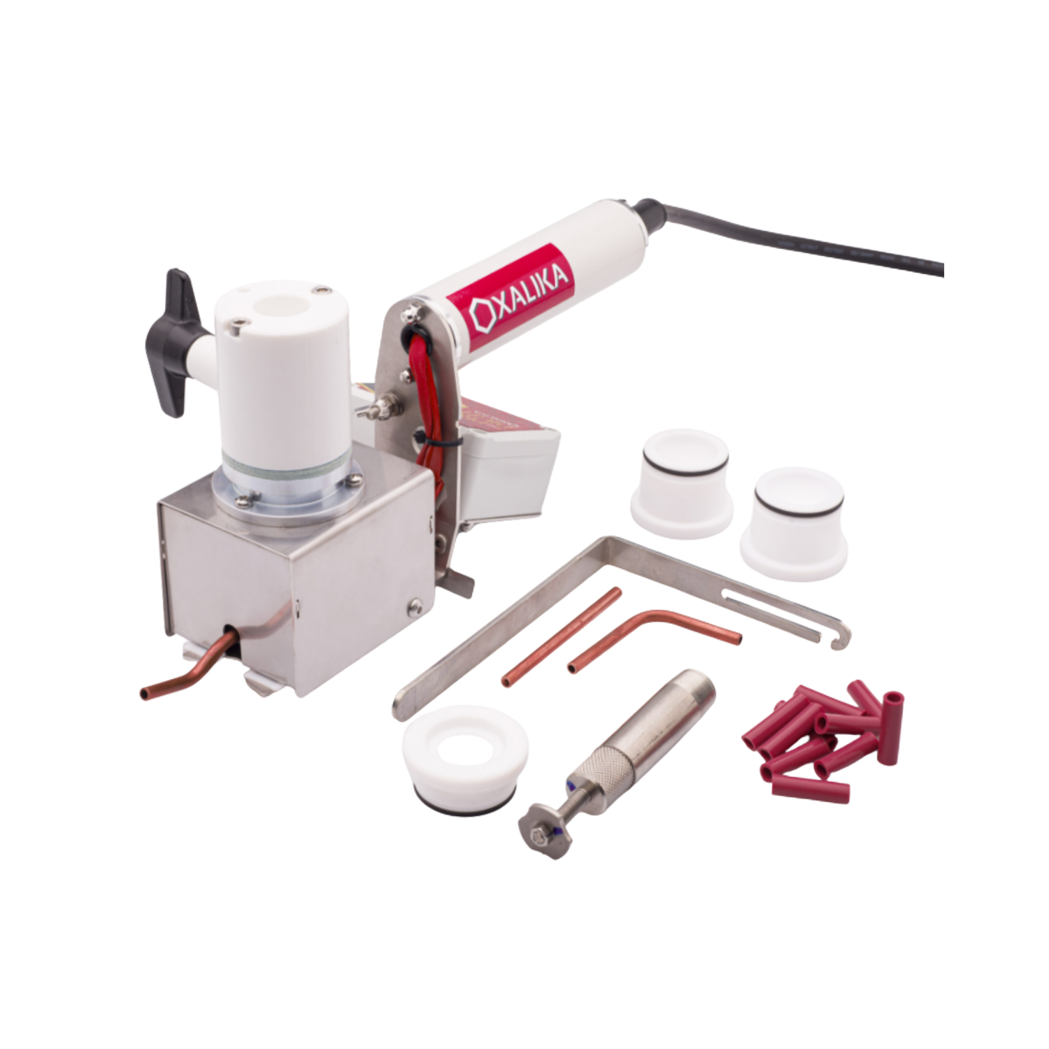 An OXALIKA corded vaporizer with metal components and parts on a white background