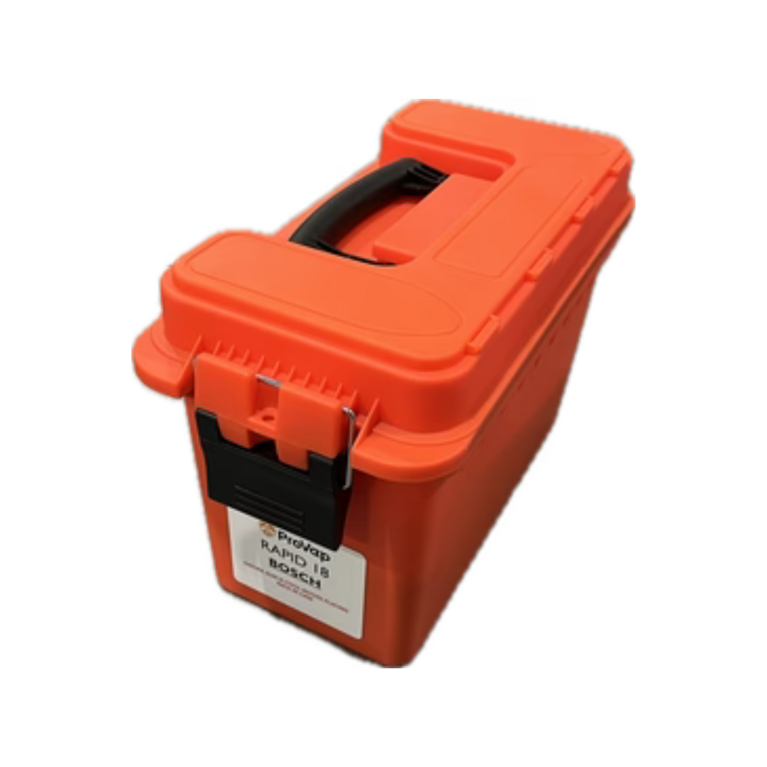 Orange storage container for a Pro Vap Rapid 18 with a black handle on a white background