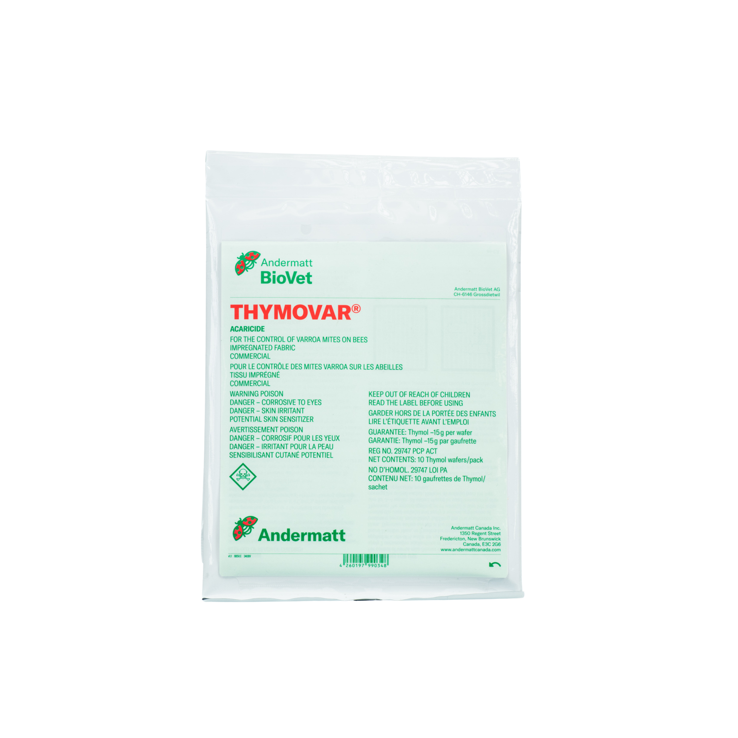 A package of Thymovar, an organic, slow-release treatment for Varroa mites, designed for bee health.
