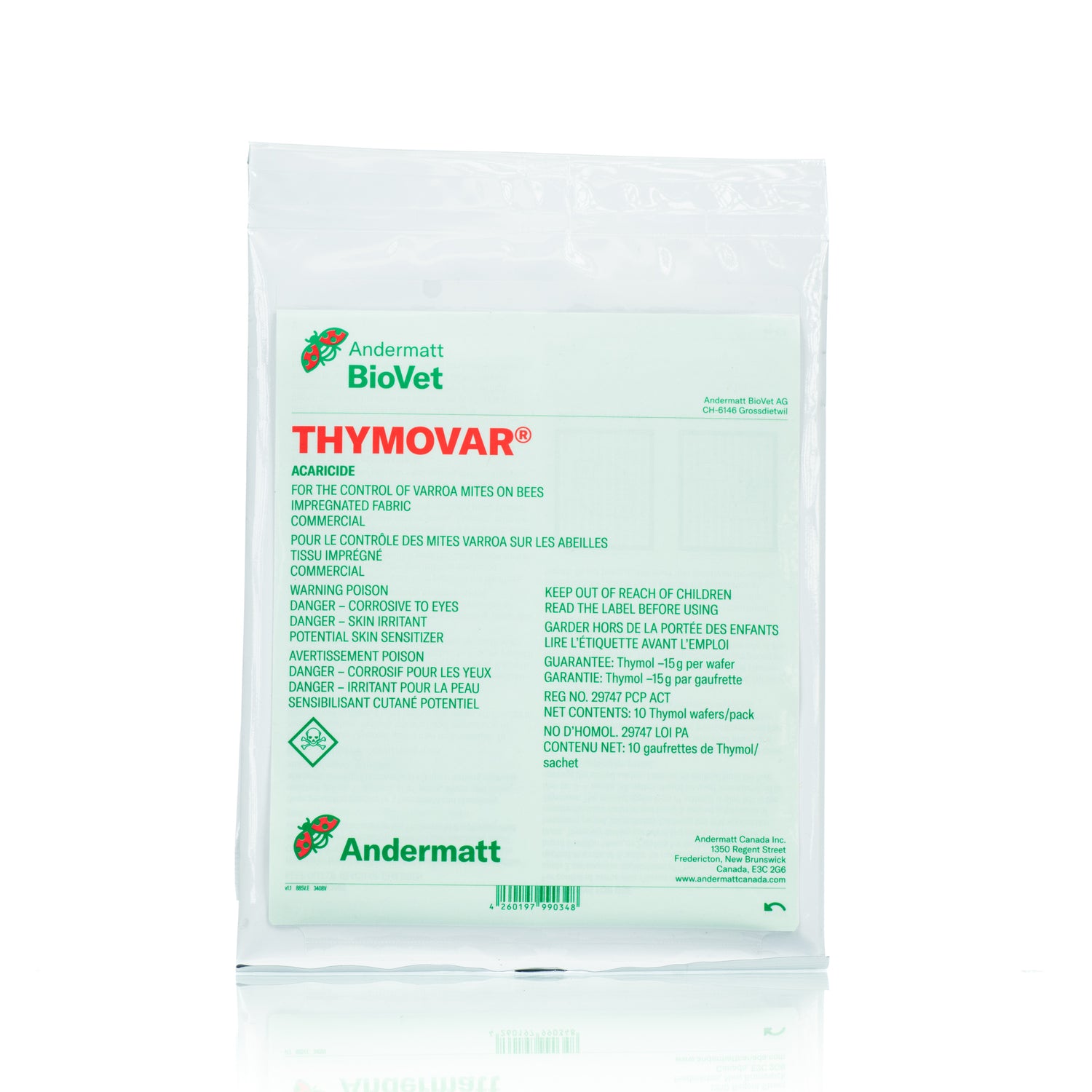 A package of Thymovar, an organic, slow-release treatment for Varroa mites, designed for bee health.