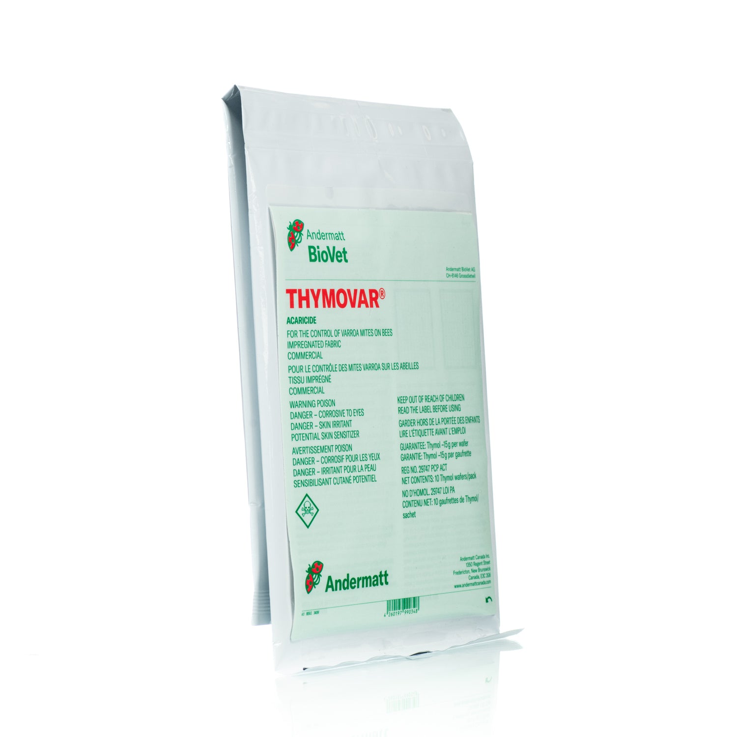 A side view of a package of Thymovar, an organic, slow-release treatment for Varroa mites, designed for bee health.