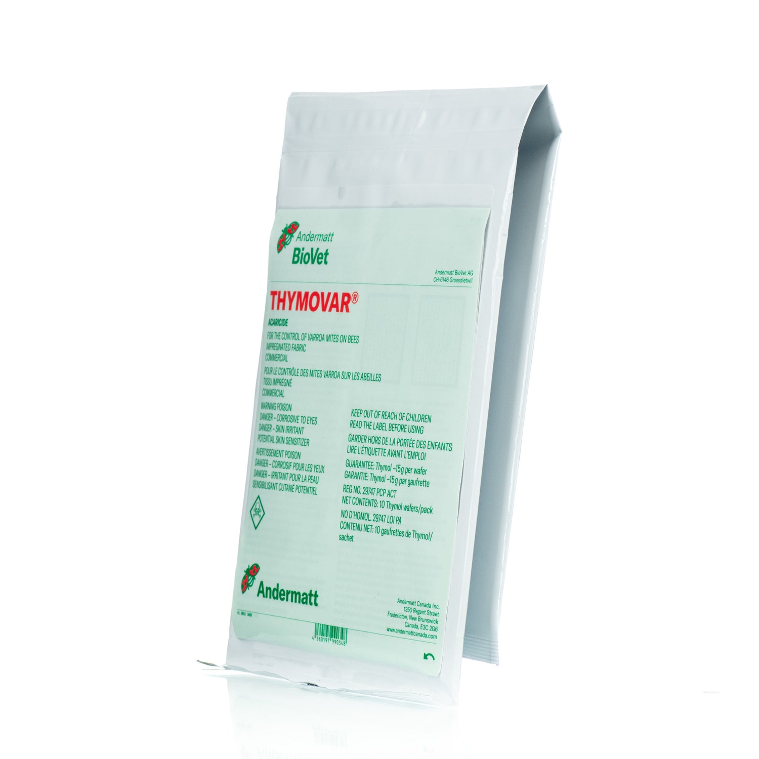 A side view of a package of Thymovar, an organic, slow-release treatment for Varroa mites, designed for bee health.