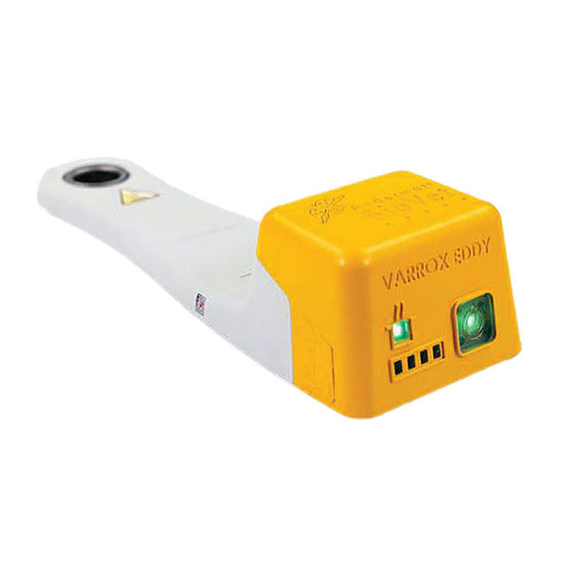 A Varrox Eddy oxalic acid evaporator with a built-in battery, primarily white and yellow in color, designed for beekeeping.