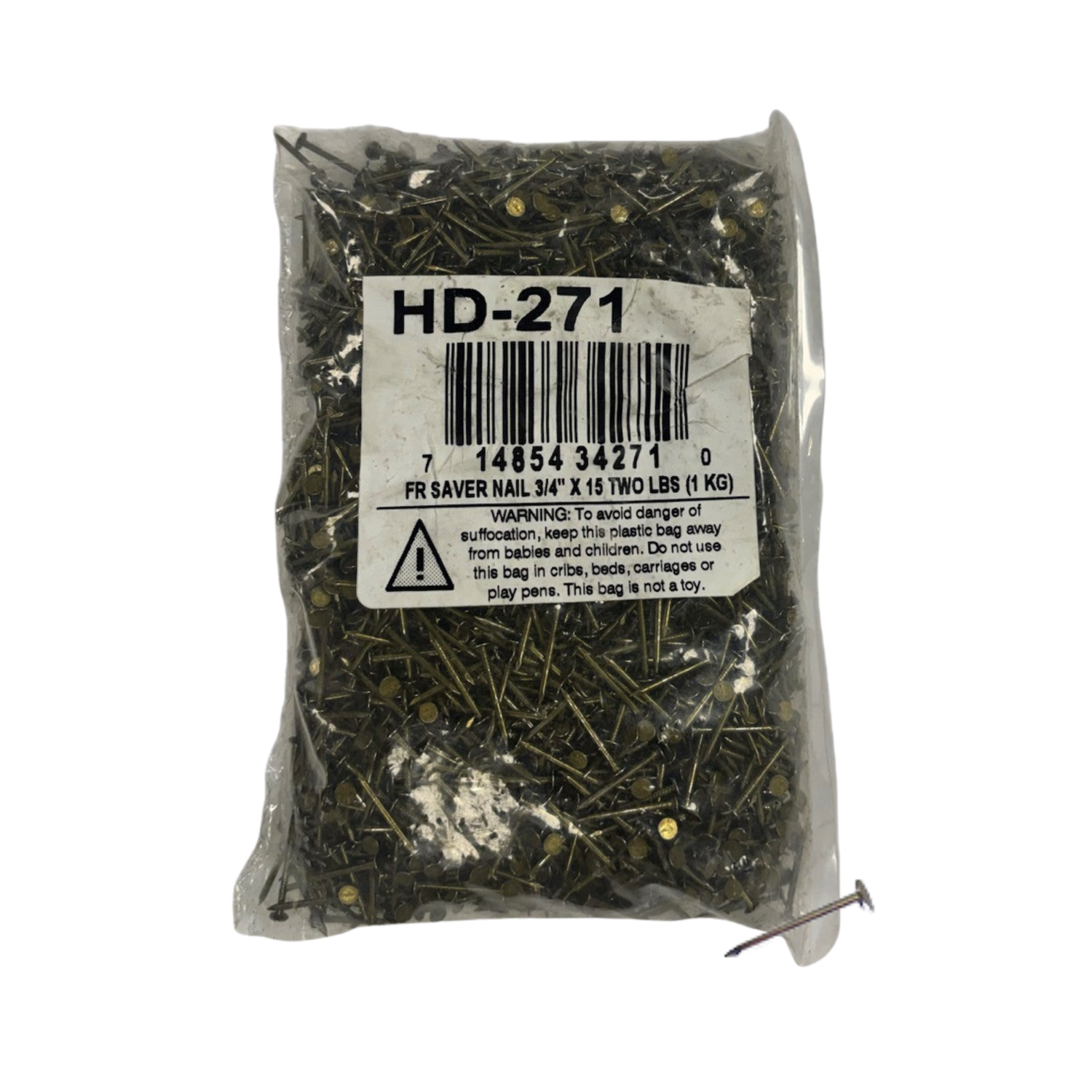 Bag of Frame saver nails with a label on a white background with a single nail resting next to the bag on a white background