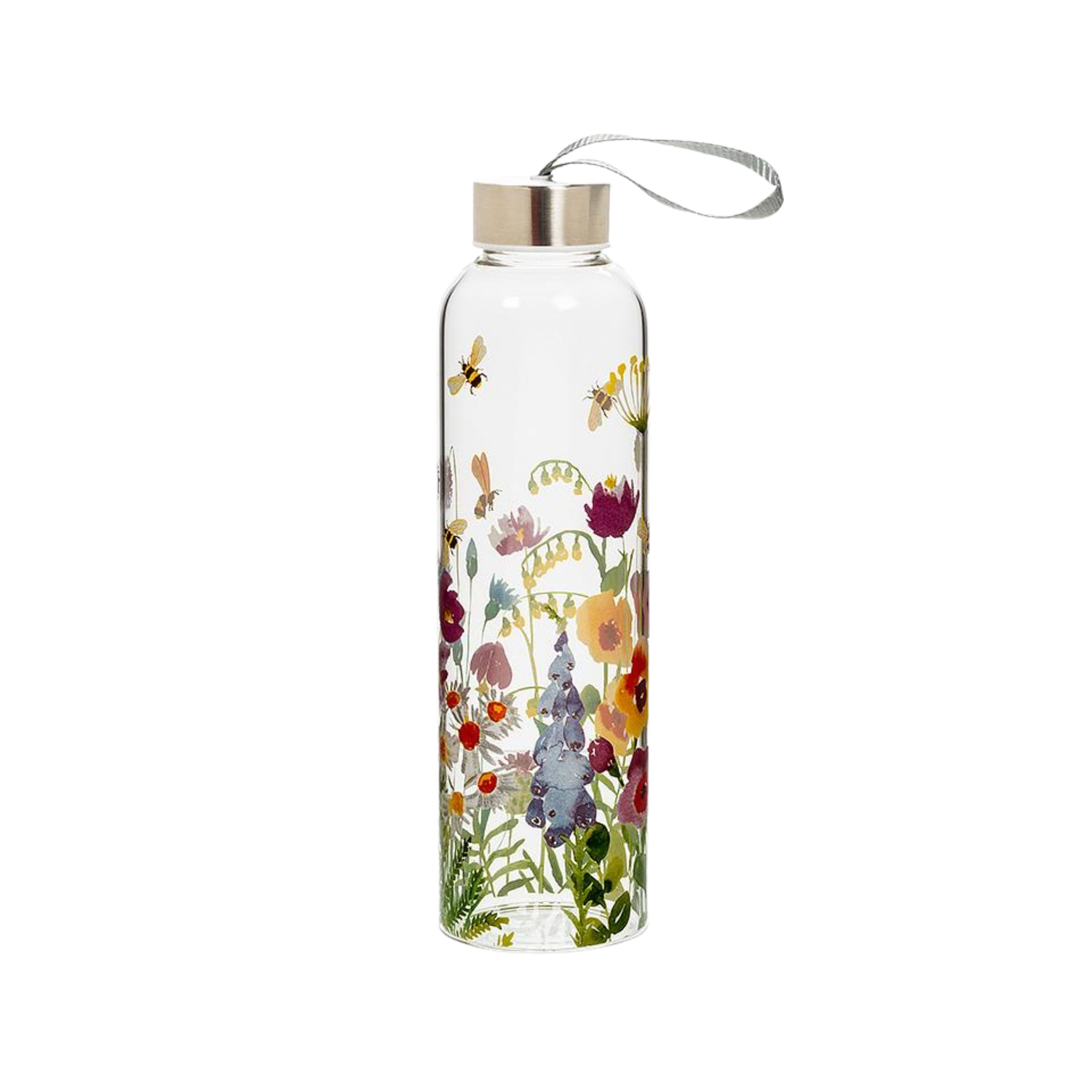 Clear glass water bottle with a silver screw-top lid and carrying strap, decorated with colorful wildflowers and flying bees, shown against a white background.