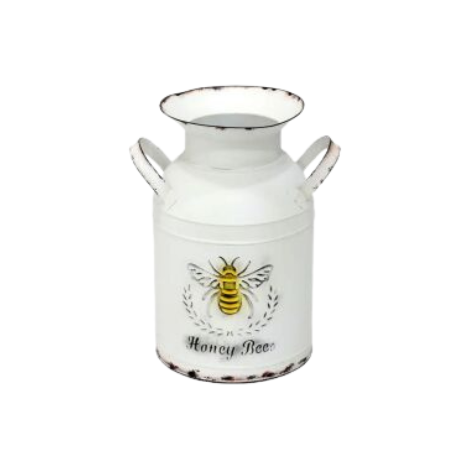 White milk churn with honey bee design on a white background
