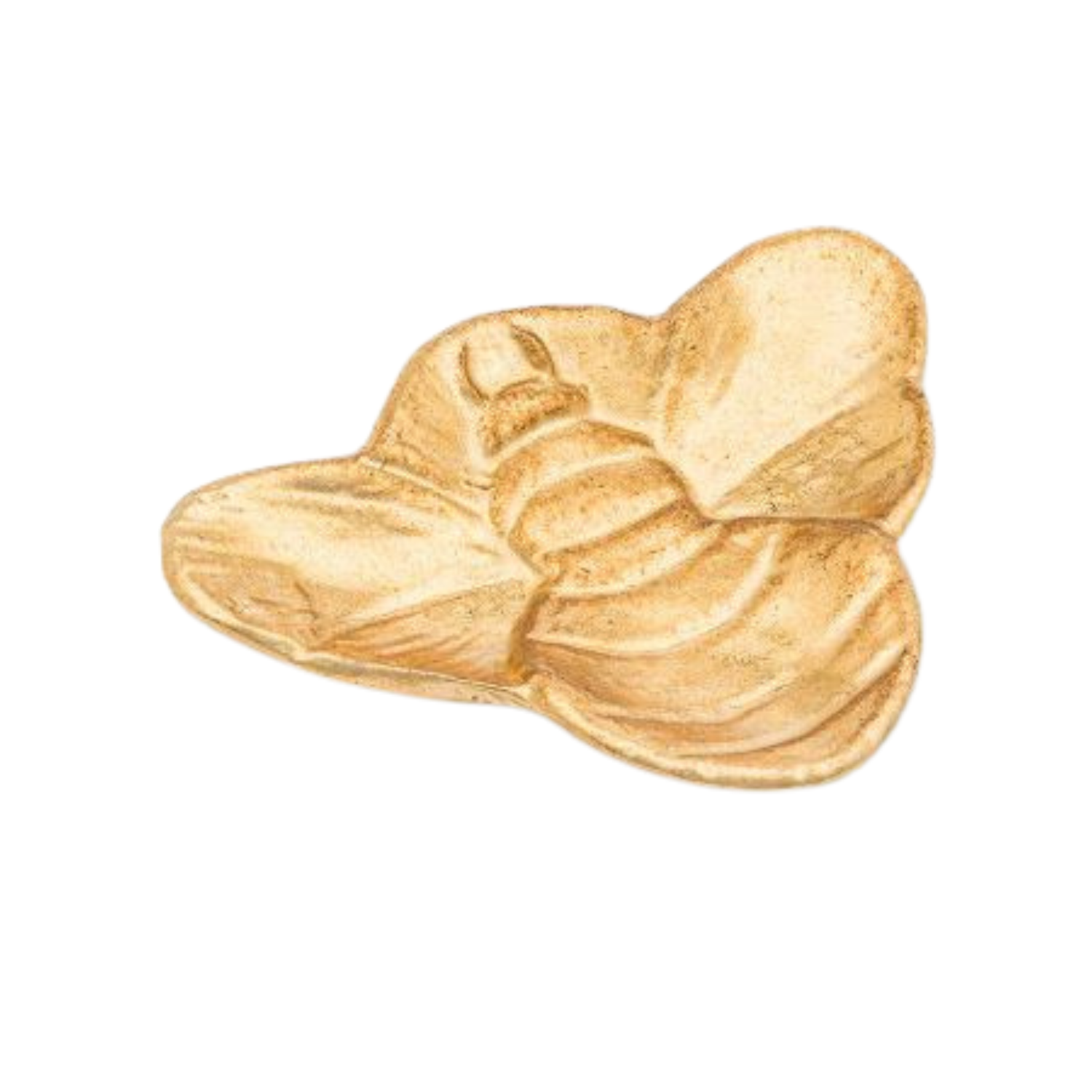 Light golden dish in the shape of a honeybee with detailed wings and body, displayed on a white background.