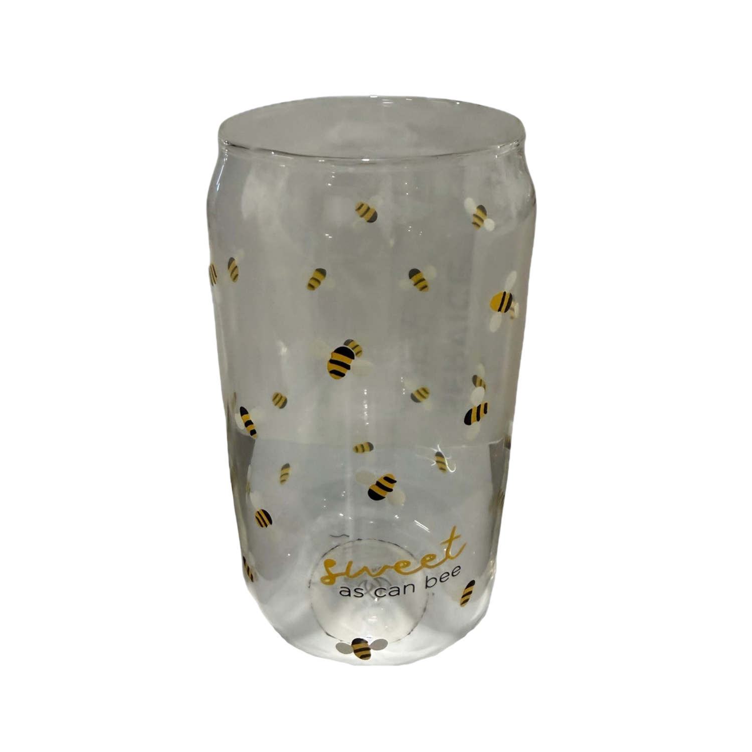 Clear tumbler with bee pattern and 'sweet as can bee' text on a white background