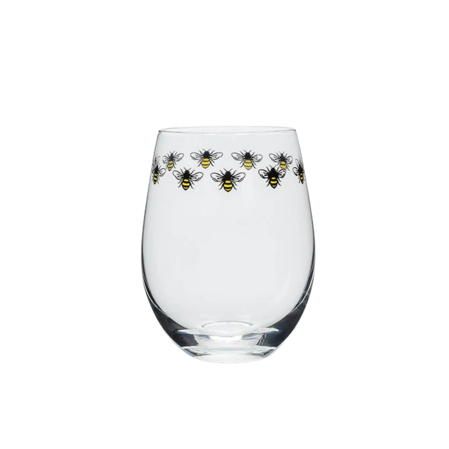 Clear stemless drinking glass with a decorative band of illustrated honeybees flying around the upper rim on a white background.