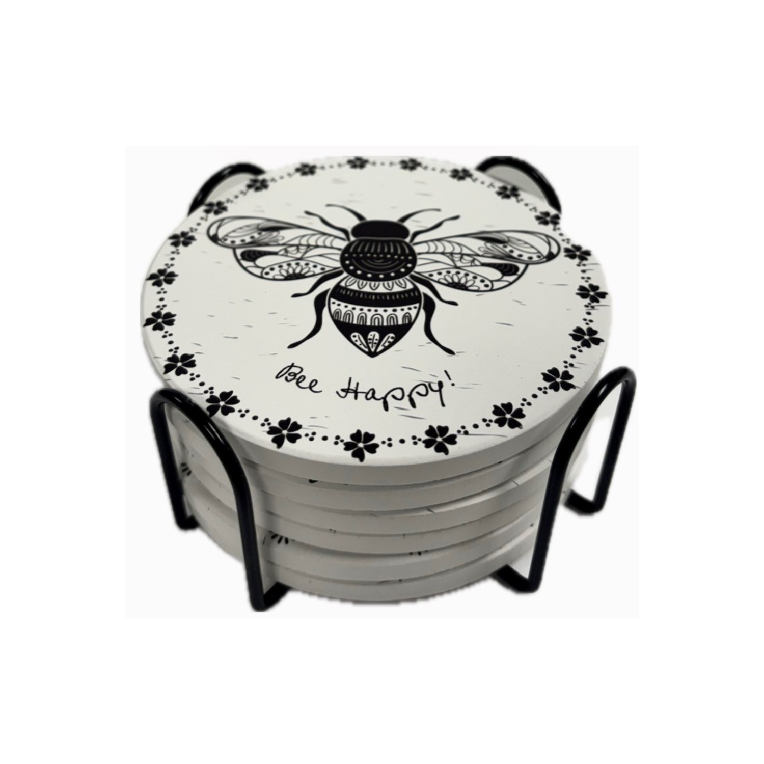 Set of round coasters with a bee design and 'Bee Happy!' text, held together by a black metal stand.