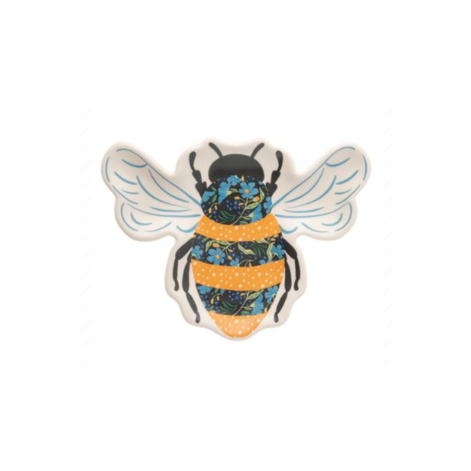Decorative bee-shaped piece with white wings outlined in blue and a yellow-and-black body filled with a floral pattern on a white background.