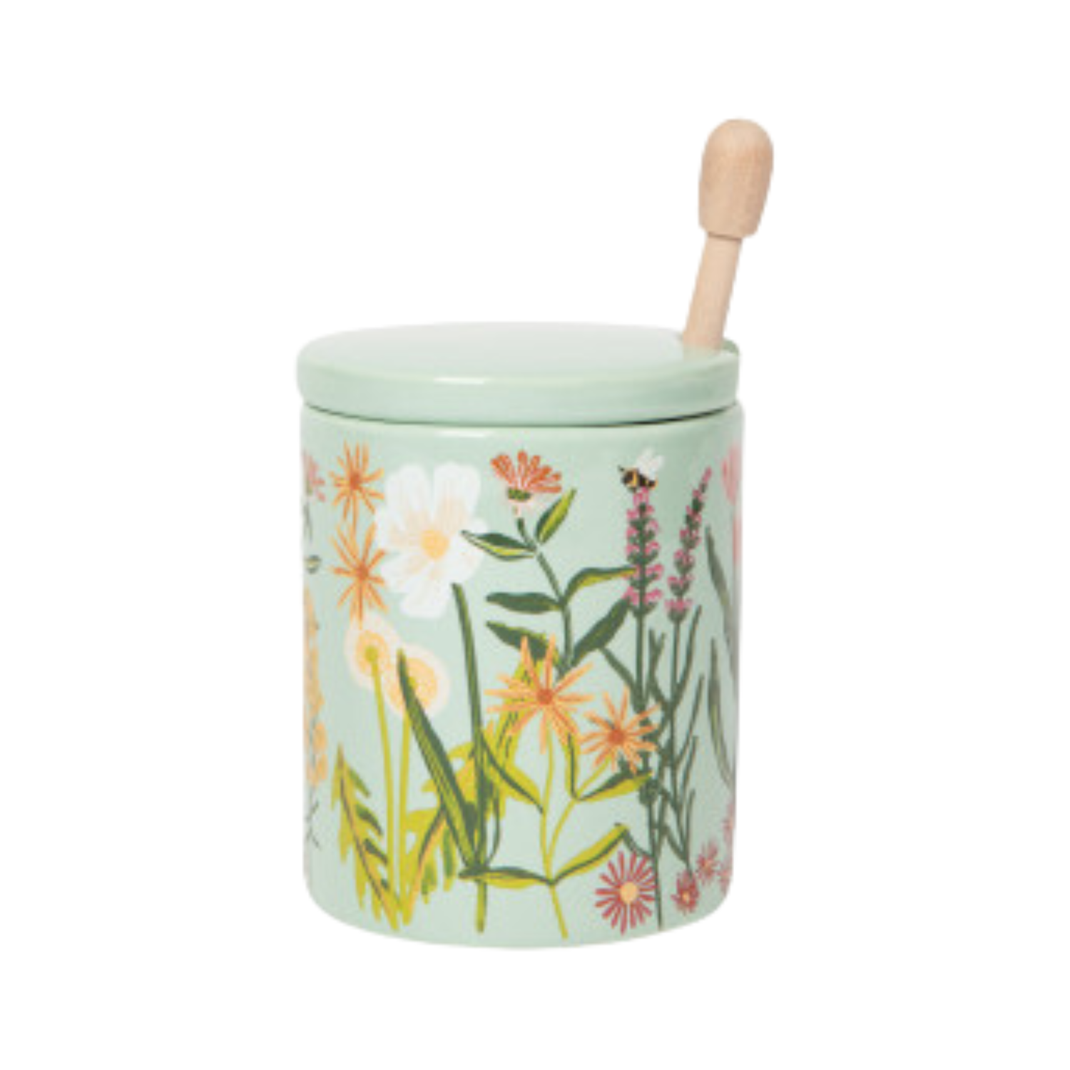 Decorative ceramic jar with floral design and wooden spoon on a white background