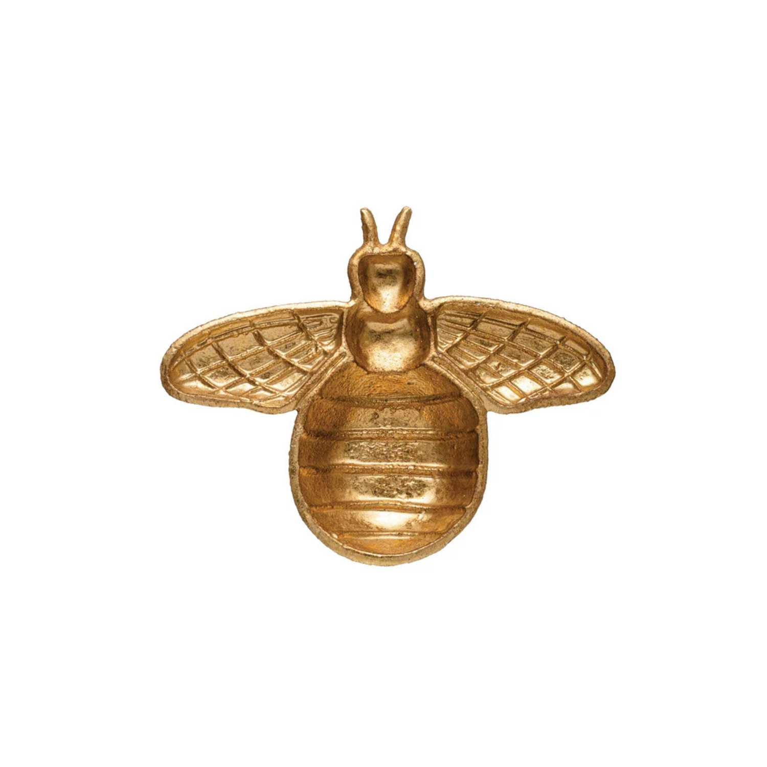 Gold-toned bee-shaped decorative tray with outstretched wings and a textured body on a white background.