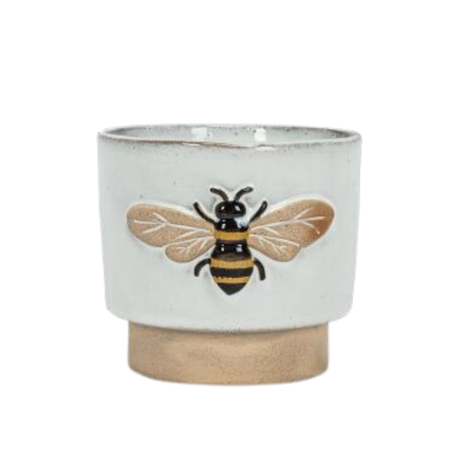Ceramic planter with a bee design on a white background