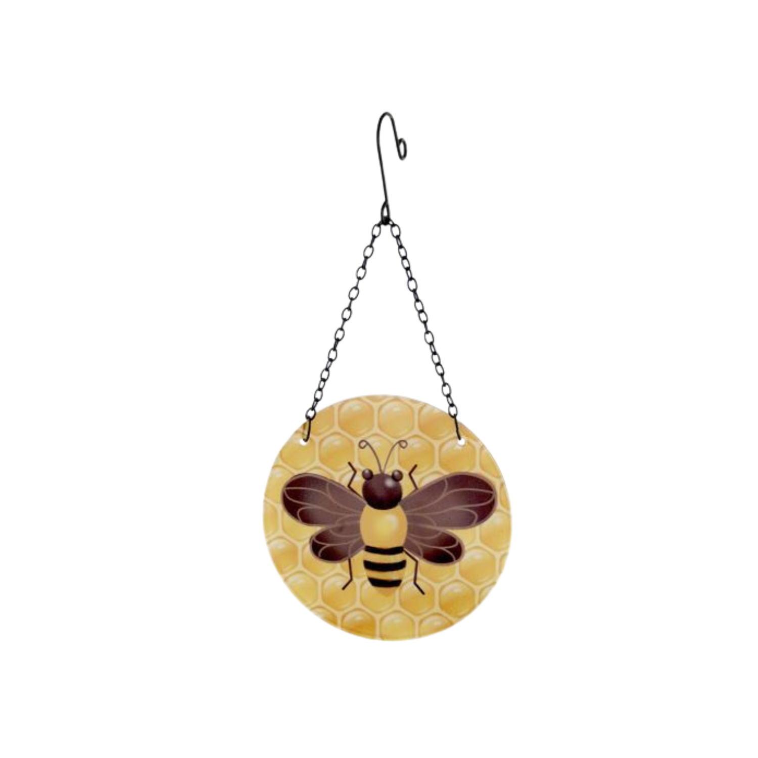 Decorative hanging plate with a bee design on a white background