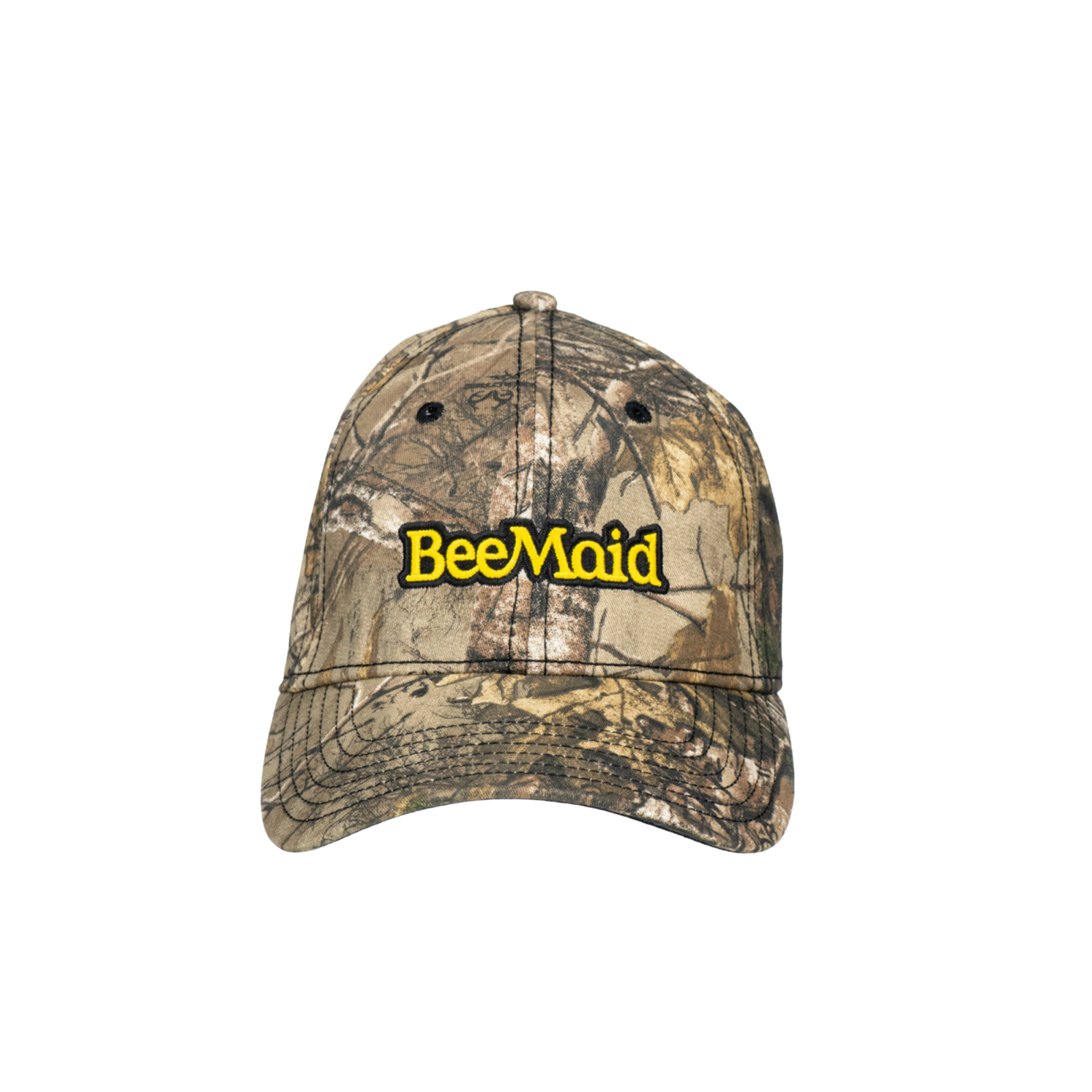 Camouflage cap with 'BeeMaid' logo on a white background