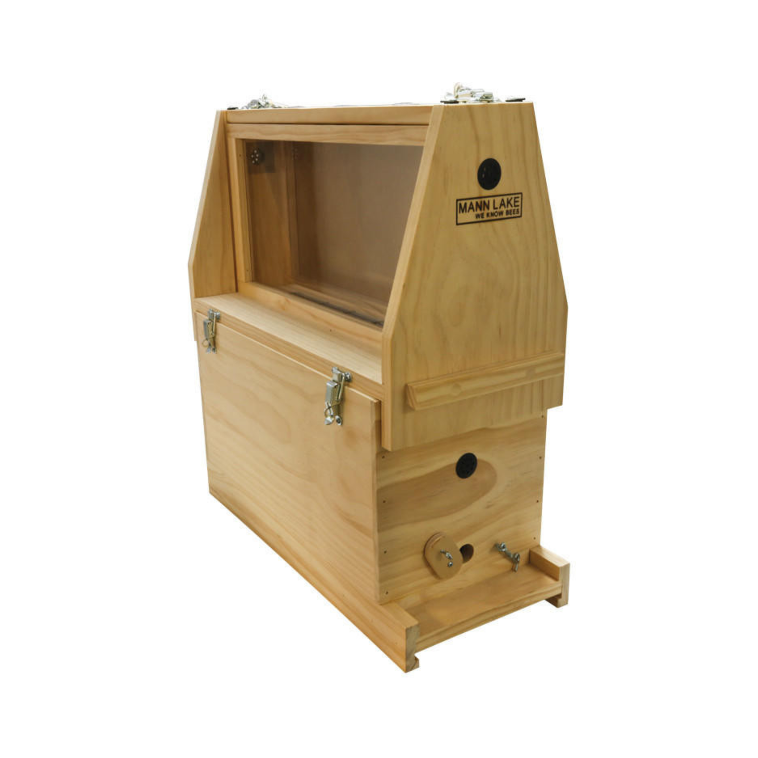 Wooden honey extraction tank with a clear viewing window, metal latches, and a spigot at the base, branded “Mann Lake – We Know Bees,” on a white background.