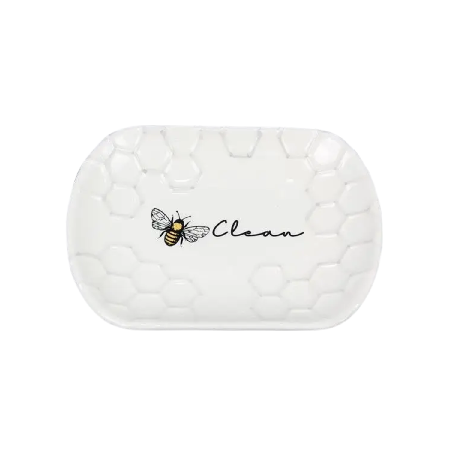 White ceramic soap dish with a raised honeycomb texture, a small bee illustration, and the word “Clean” printed in black on the surface.