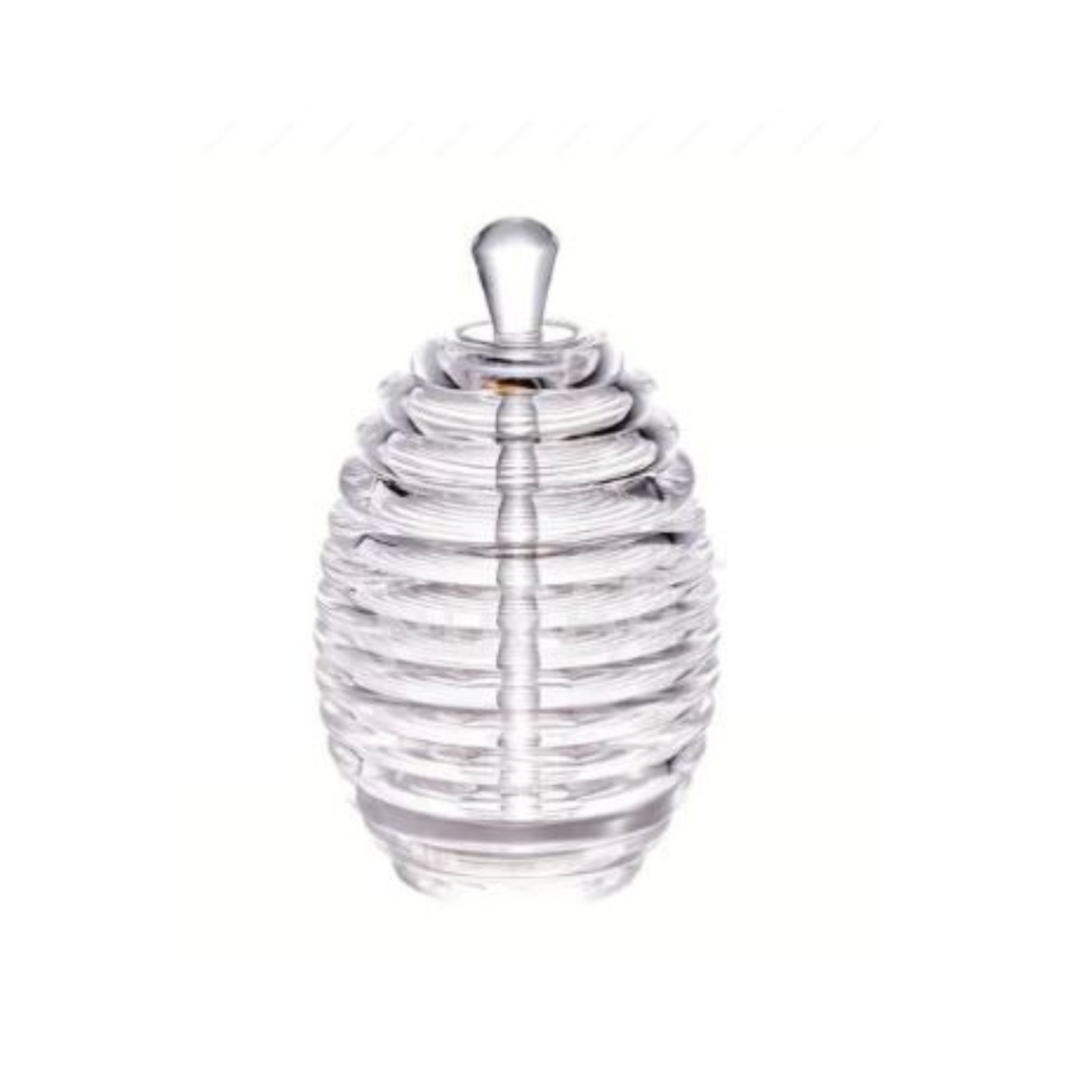 Clear glass honey jar shaped like a beehive with a matching glass lid and knob on top, shown on a white background.
