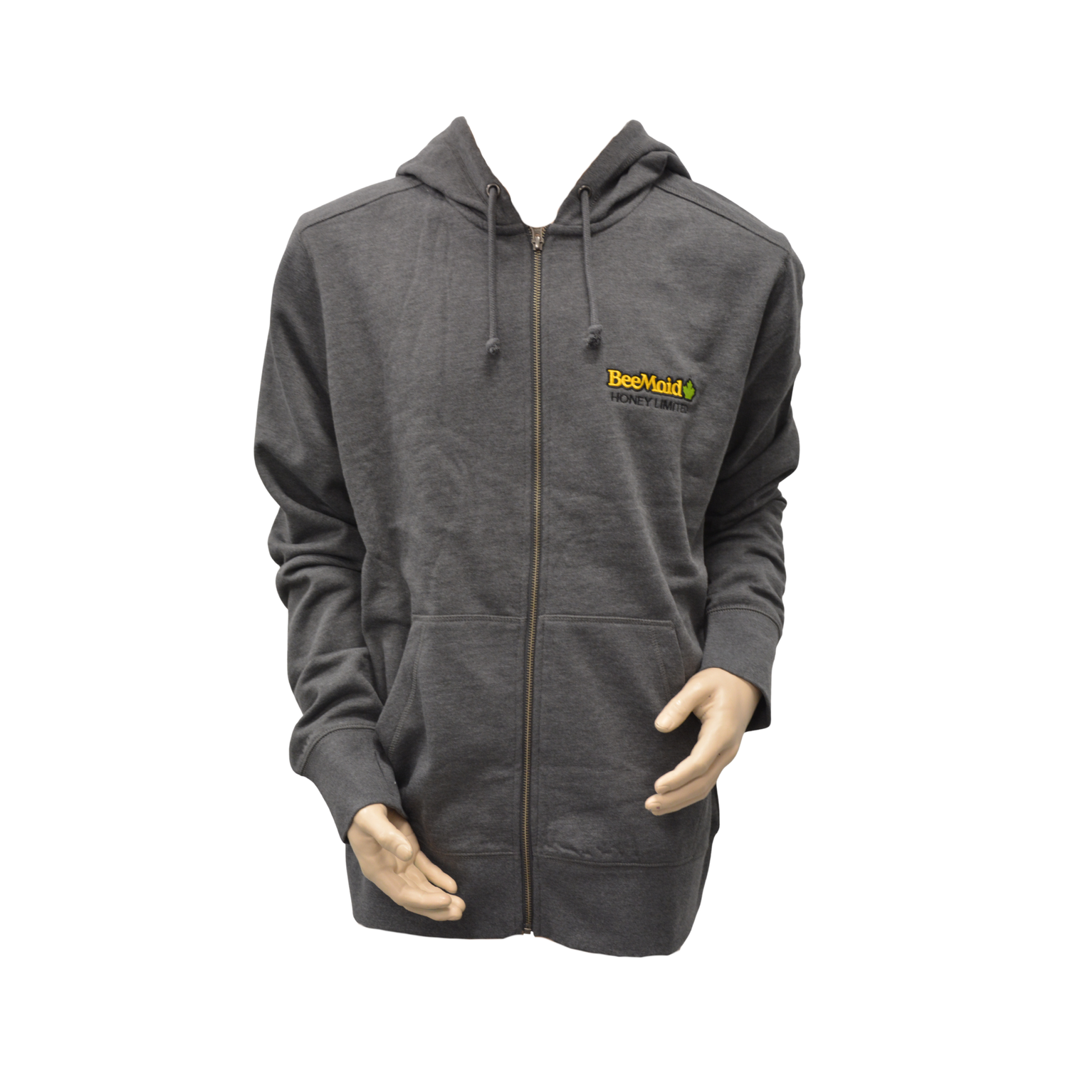 Gray hoodie with a logo on the chest against a white background