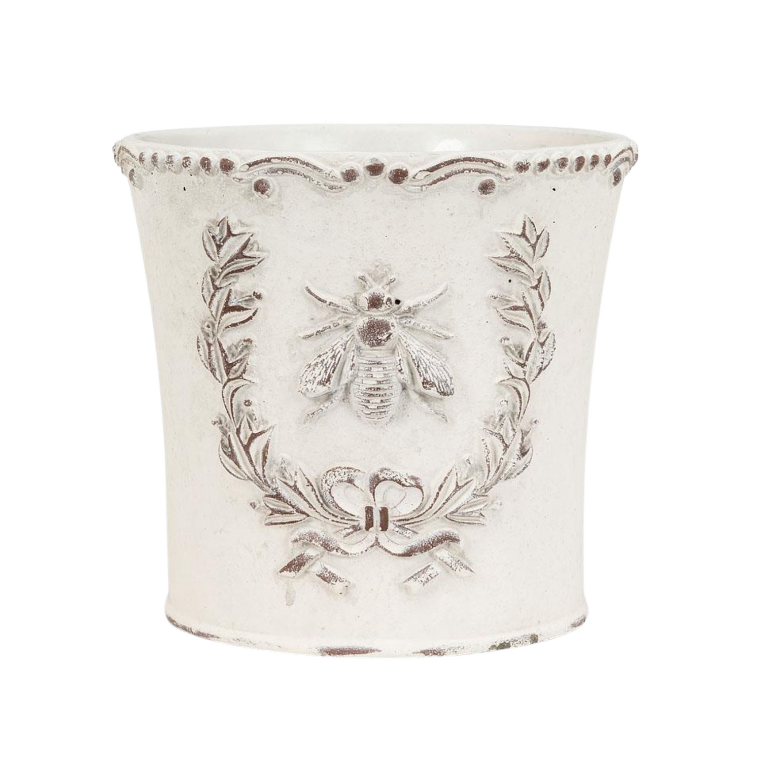 Large, decorative white planter with black floral and bee design on a white background