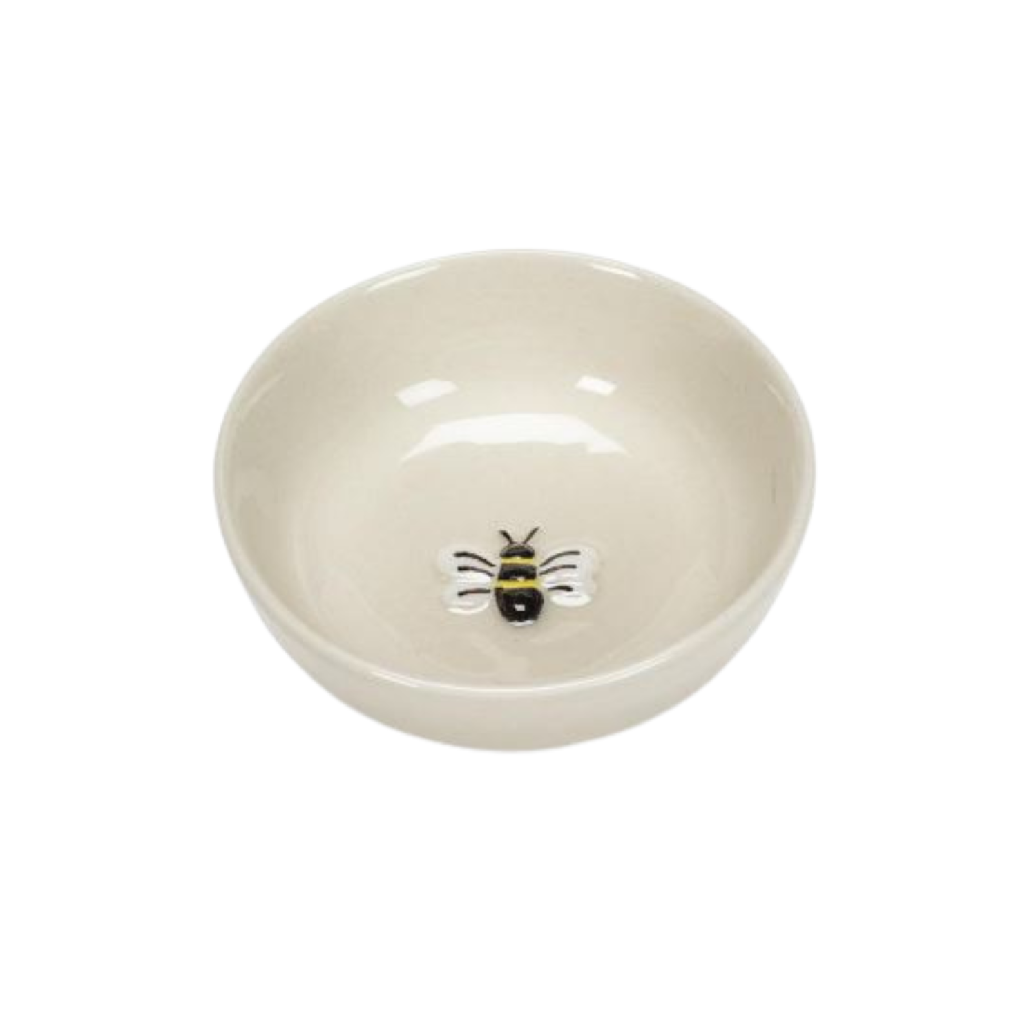 Ceramic bowl with a bee design on a white background
