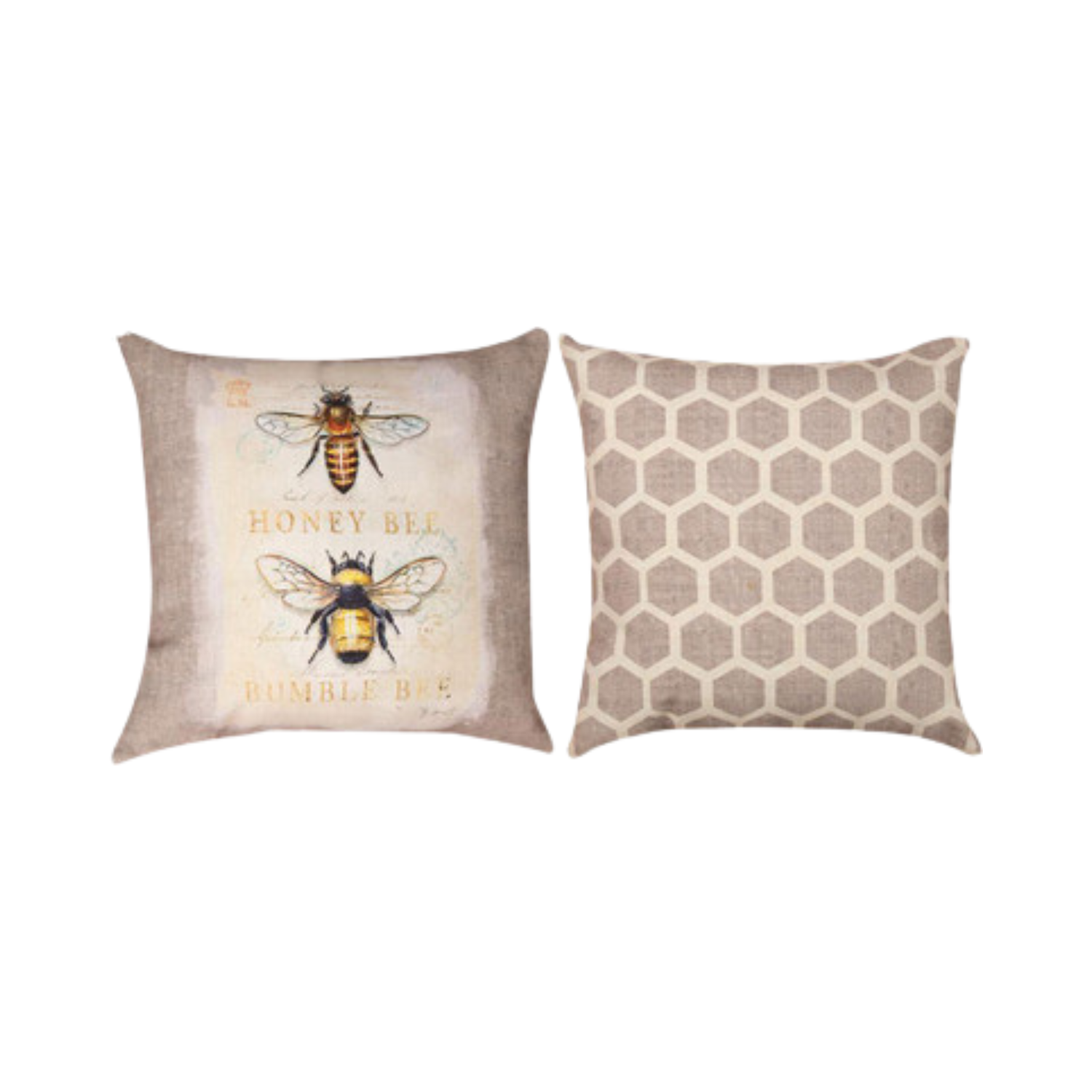 Two pillows, one with a honey bee design and the other with a hexagonal pattern, on a neutral background.