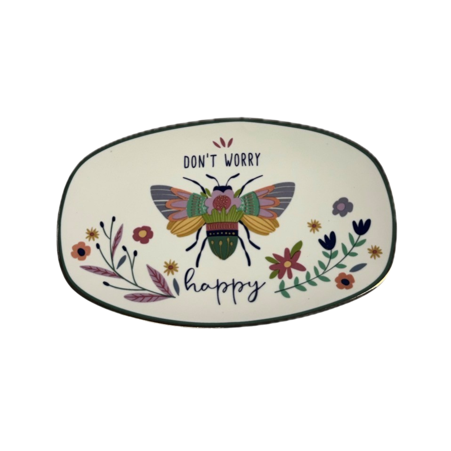 Decorative plate with a colorful butterfly and floral design, featuring the text 'Don't worry, be happy'.