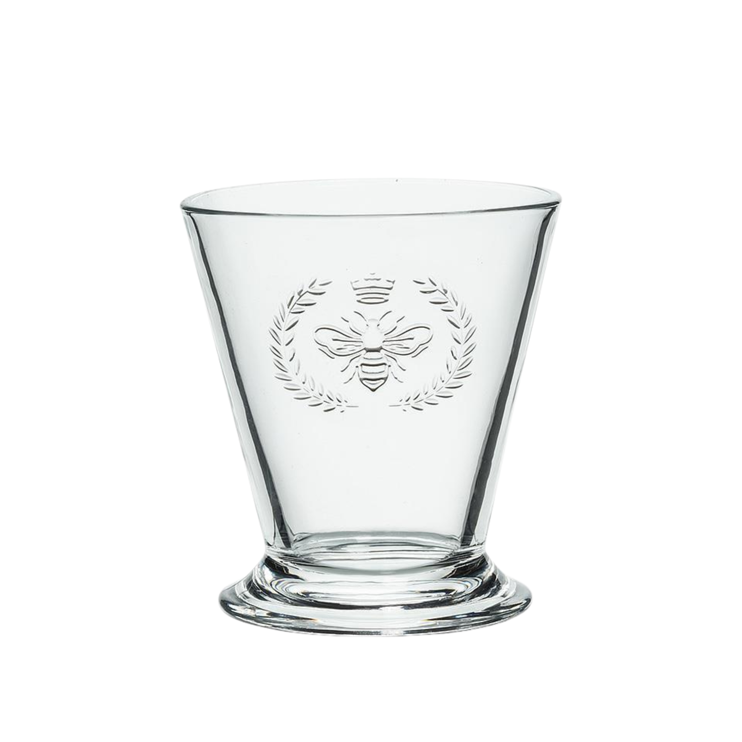Clear glass with embossed bee design on a white background